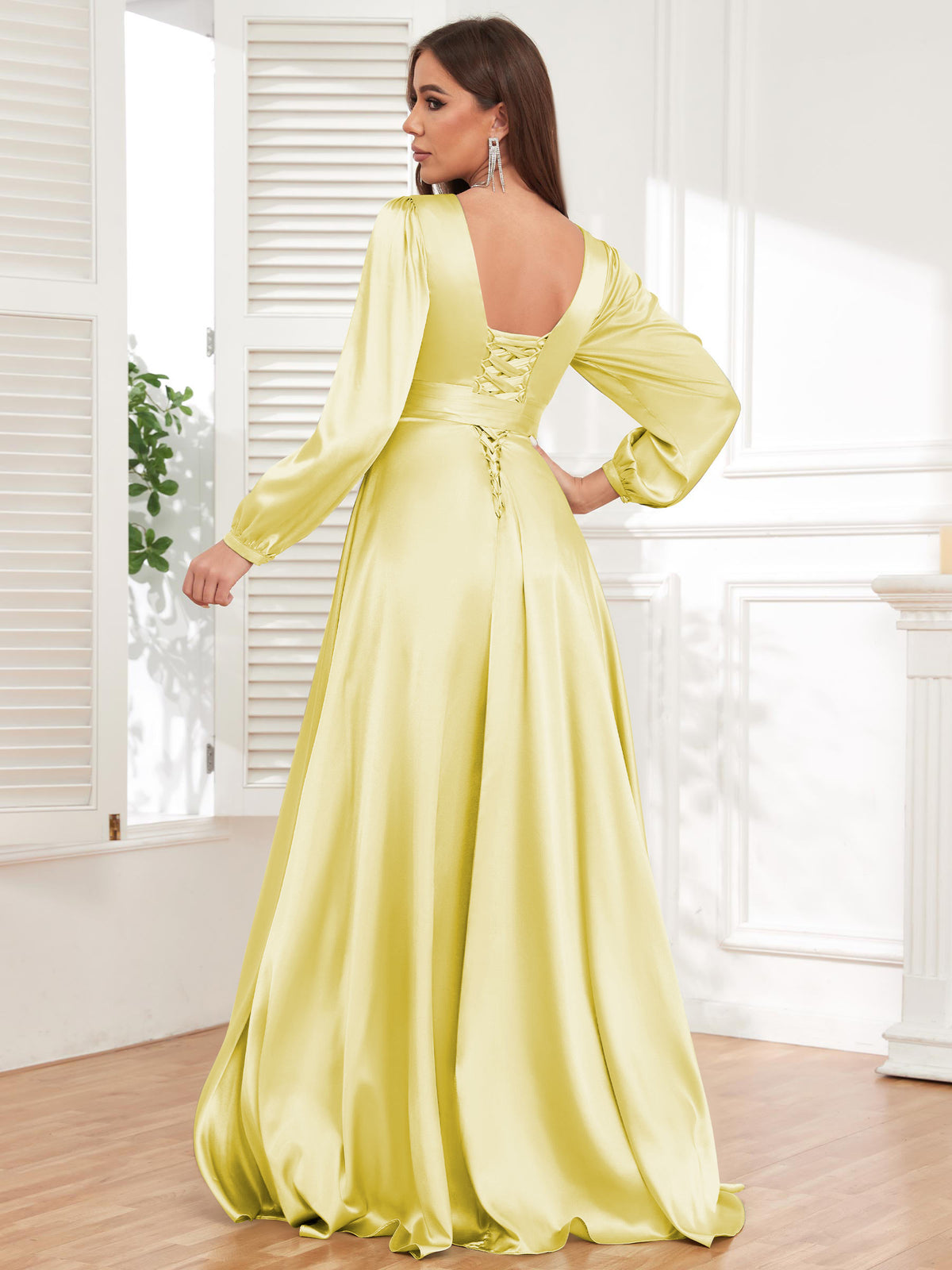 V Neck Satin Long Sleeve Bridesmaid Dress with Slit