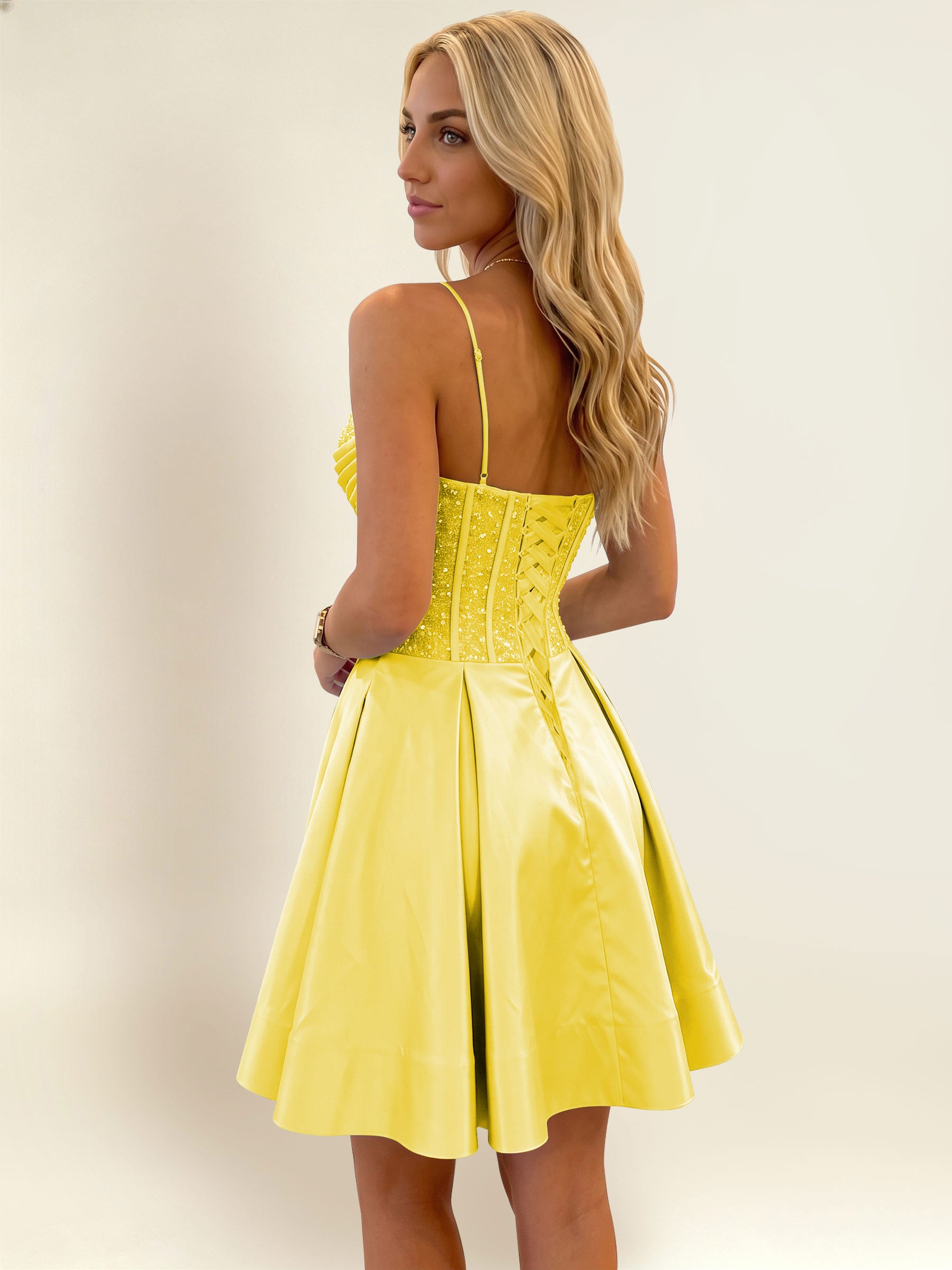 ROVDESY A-Line Spaghetti Strap Sequin Corset Satin Homecoming Mini Dress
