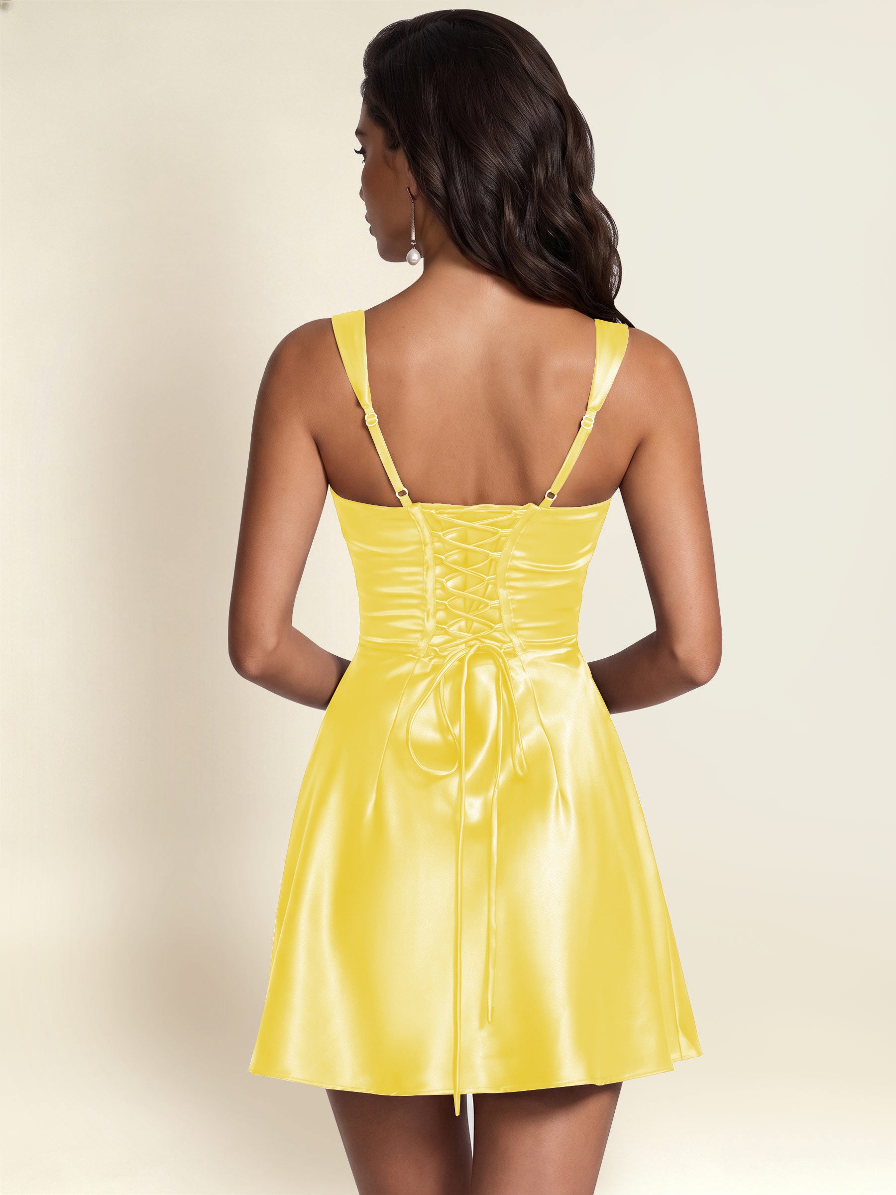 ROVDESY Square Neck Pleated Satin Homecoming Mini Dress