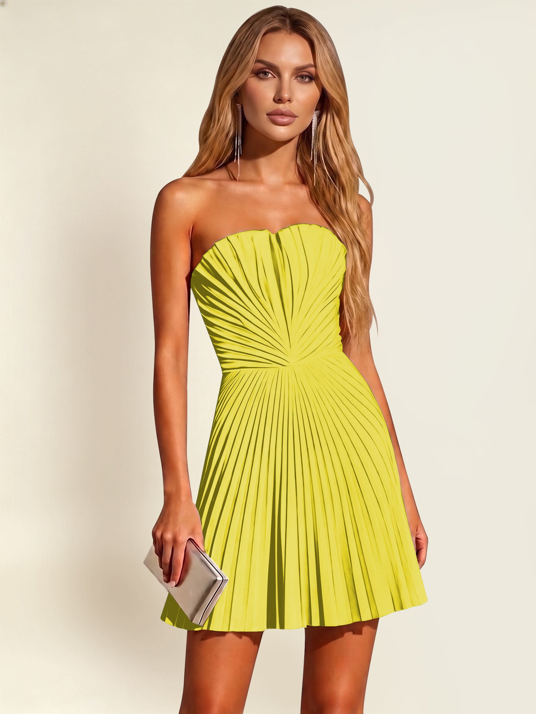 ROVDESY A-Line Strapless Pleated Satin Homecoming Mini Dress