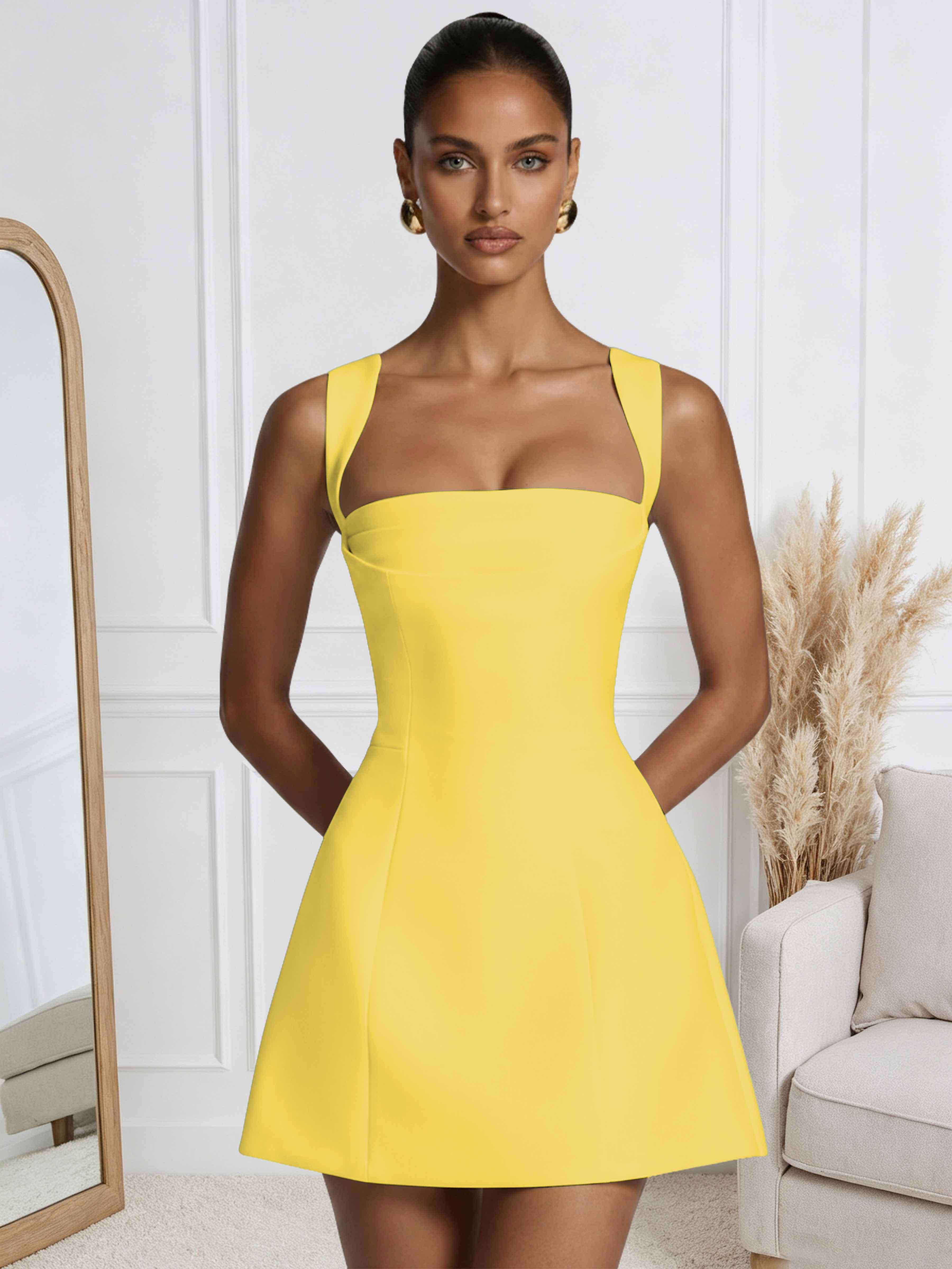 ROVDESY A-Line Square Neck Satin Homecoming Mini Dress