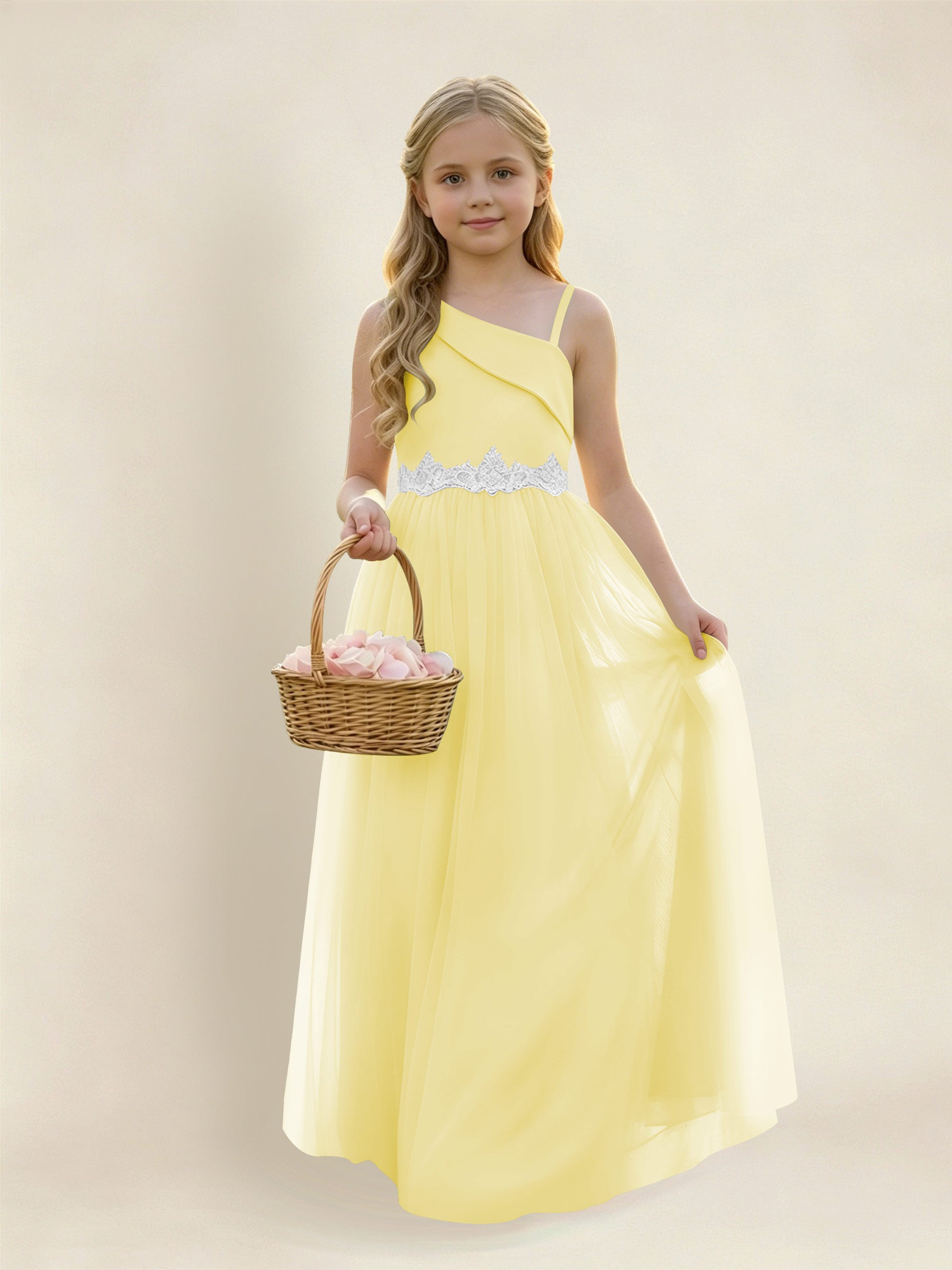 ROVDESY Asymmetric One Shoulder  Satin  Tulle Junior Bridesmaid Dress