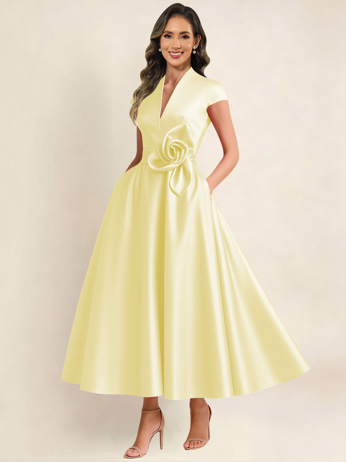 A Line V Neck 3D Flower Satin Mother of the Bride Dress