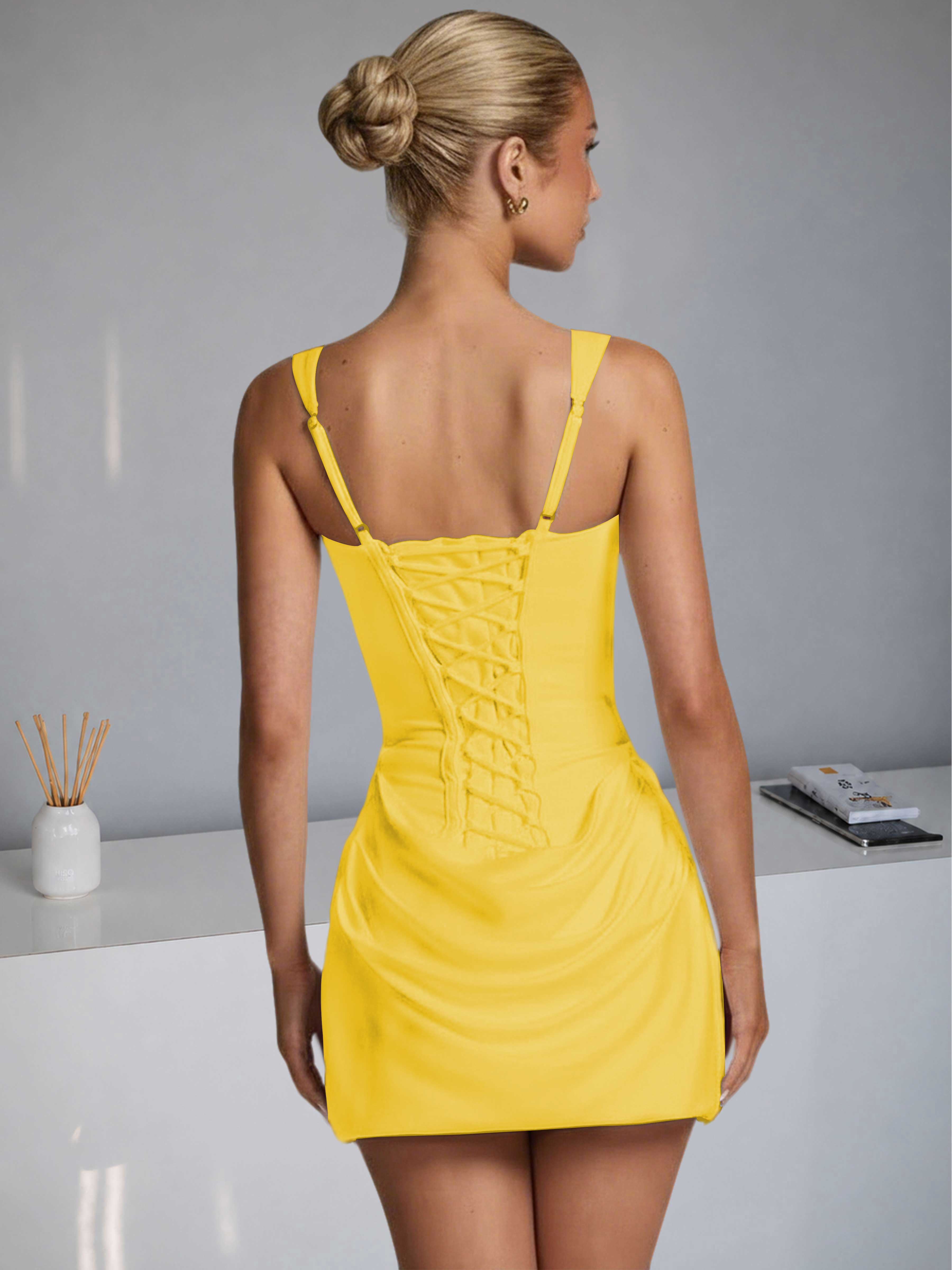 ROVDESY Square Neck Ruched Satin Homecoming Mini Dress