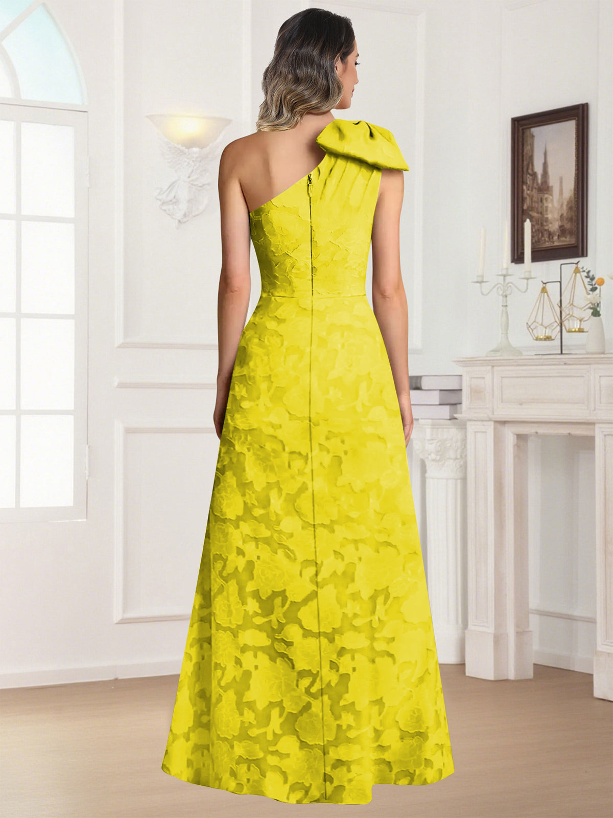 One Shoulder Floral Jacquard Mother of the Bride Dress