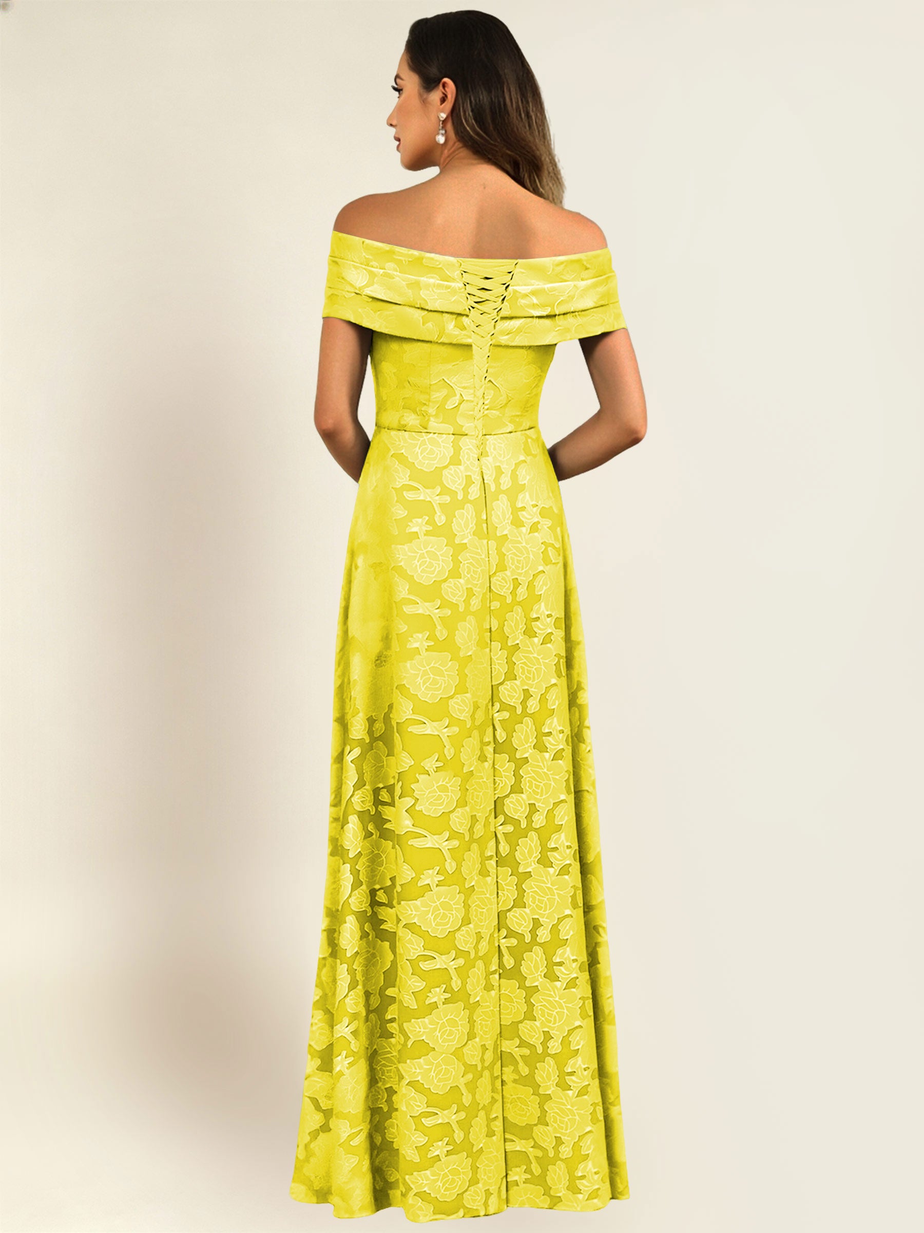 ROVDESY Off the Shoulder Floral Jacquard A-Line Long Mother of the Bride Dress