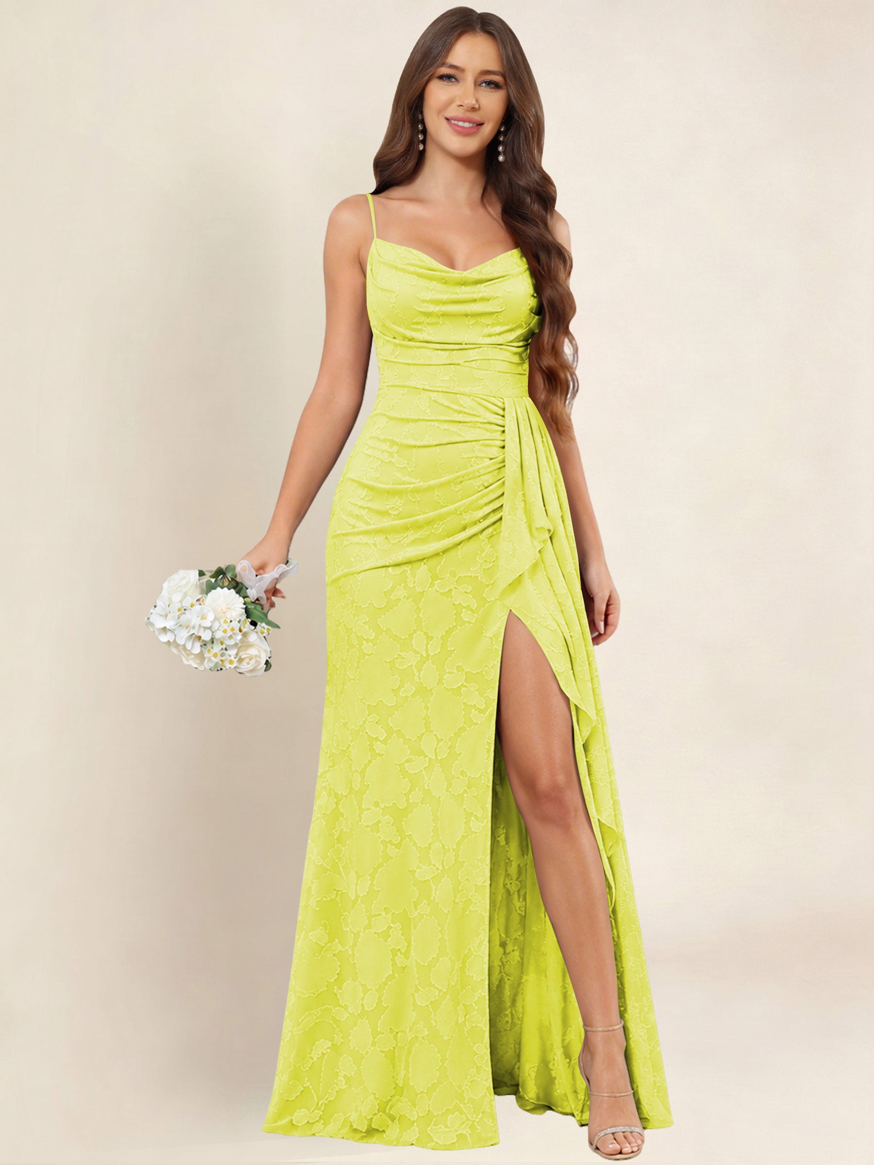 ROVDESY  Cowl Neck Ruffle Mermaid Chiffon Jacquard Bridesmaid/Prom Dress With Slit