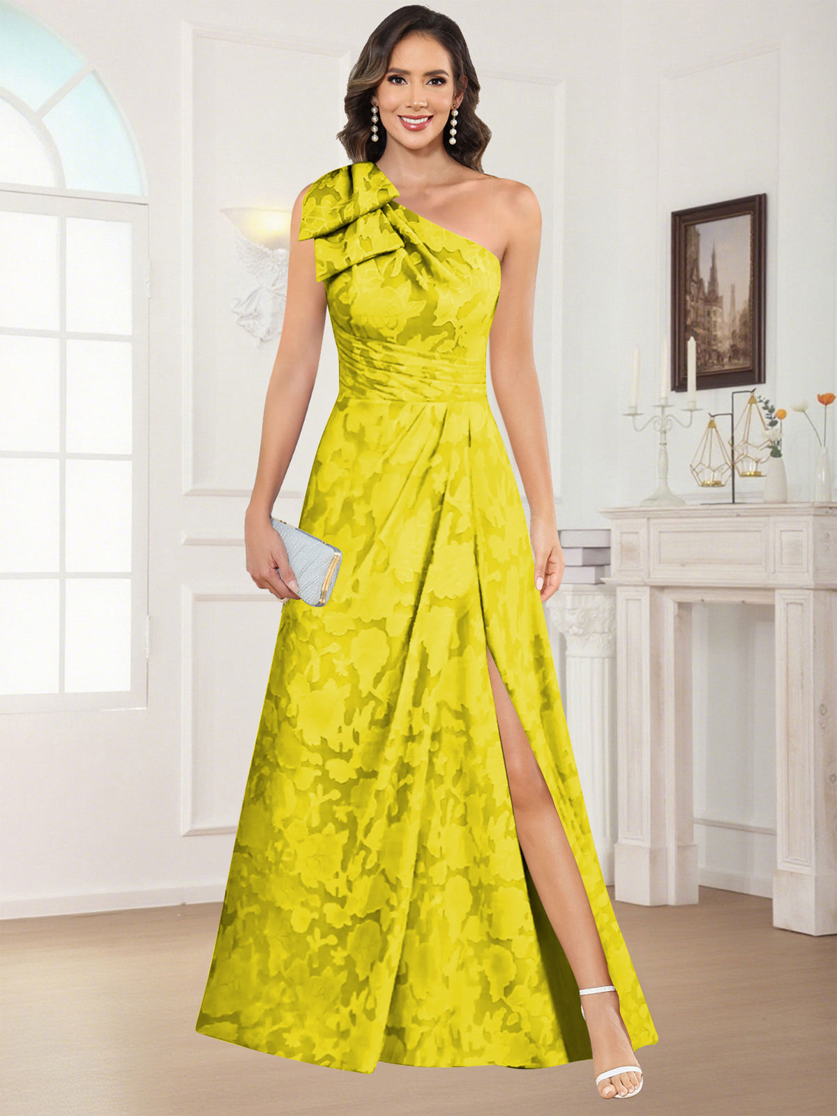One Shoulder Floral Jacquard Mother of the Bride Dress