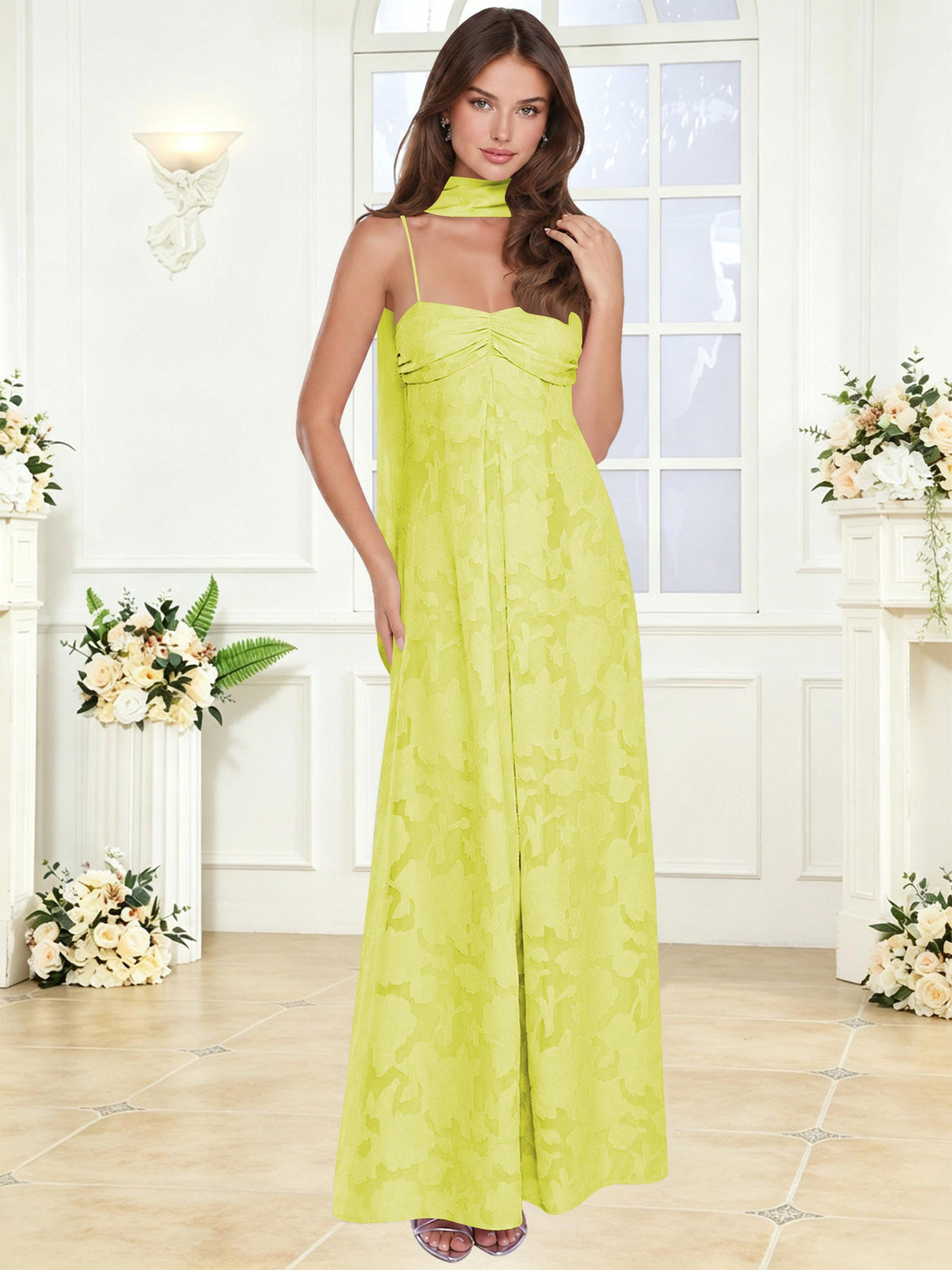 Spaghetti Strap Ruched Floral Jacquard A Line Bridesmaid Dress with Scarf