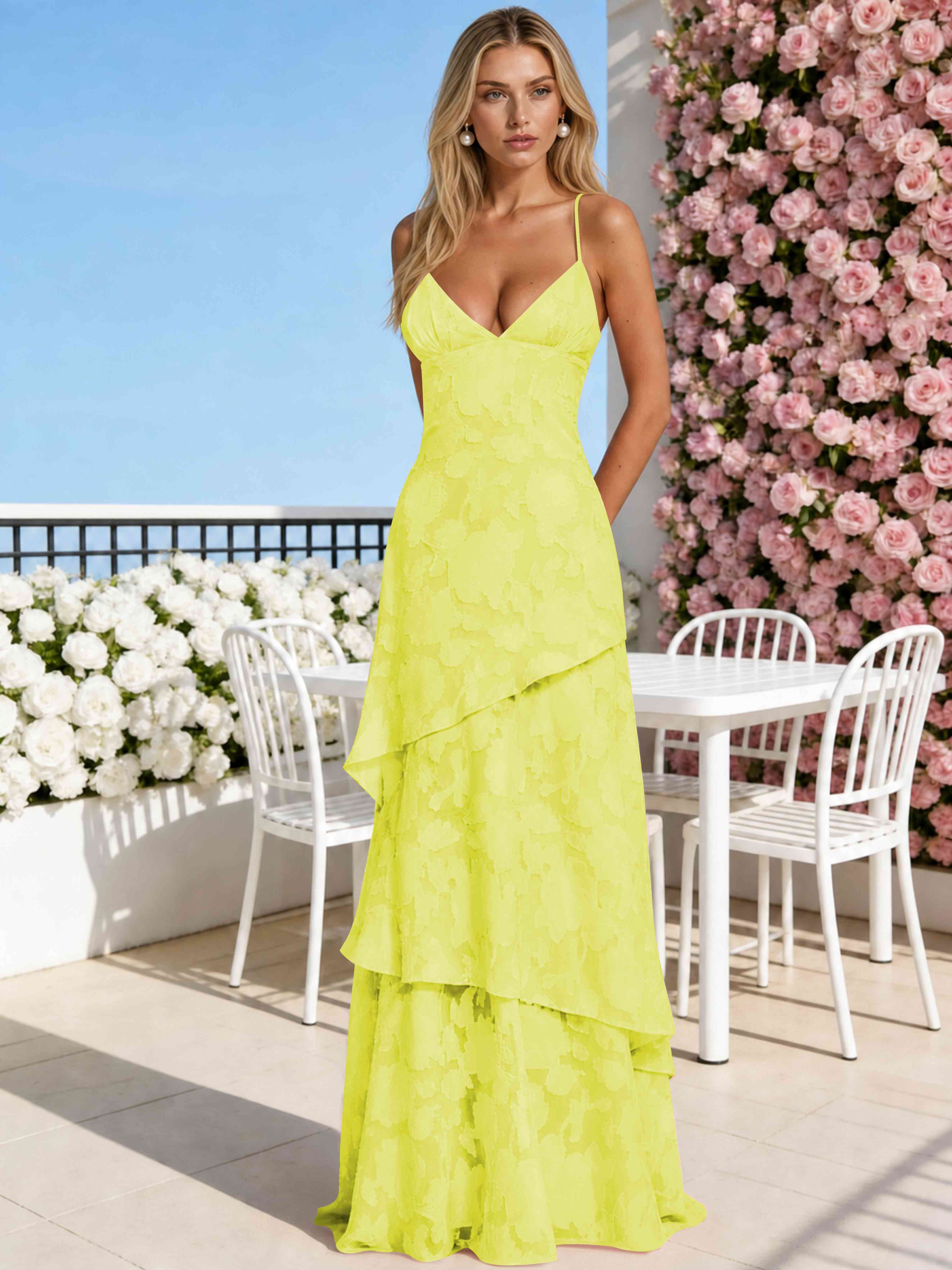 ROVDESY Spaghetti Strap V-Neck Chiffon Jacquard Tiered Ruffle Long Bridesmaid/Prom Dress