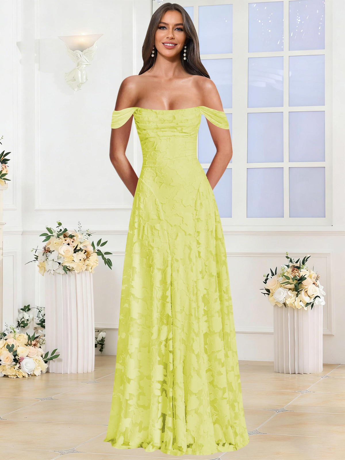 Off the Shoulder Floral Ruched A-line Bridesmaid Dress