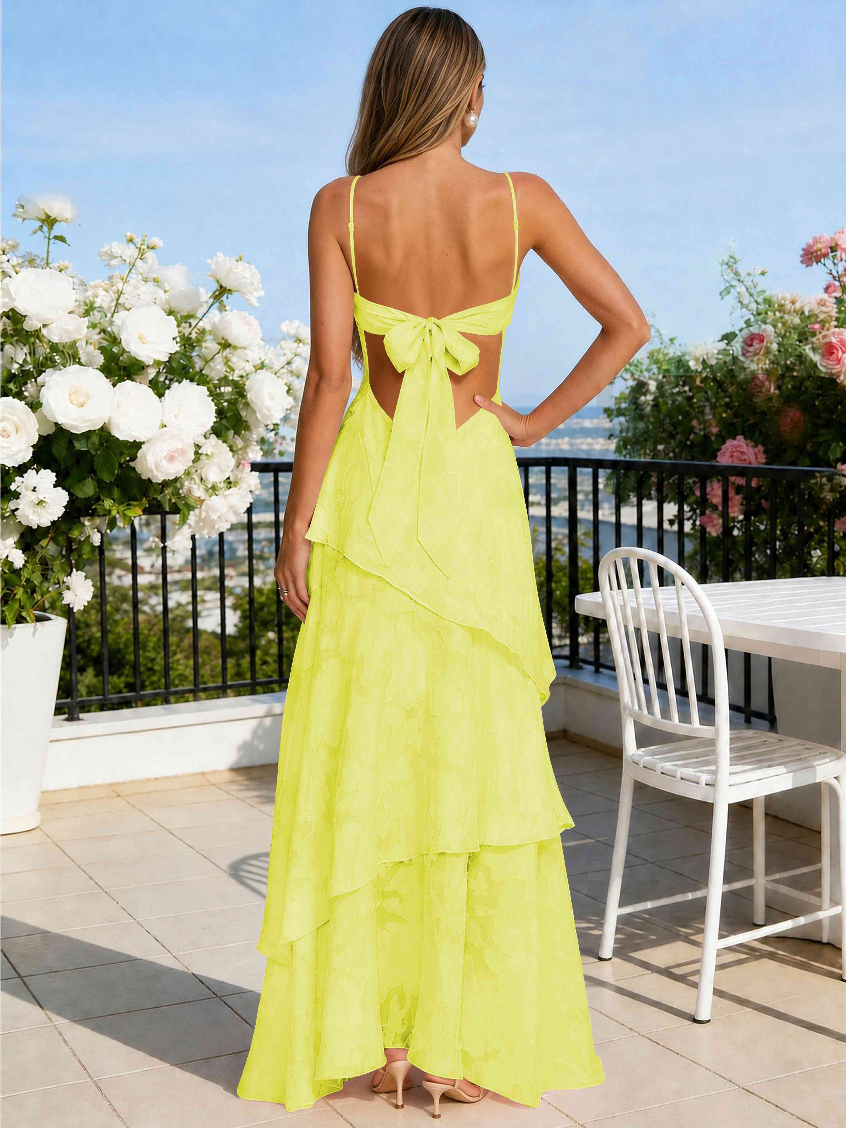 ROVDESY Spaghetti Strap V-Neck Chiffon Jacquard Tiered Ruffle Long Bridesmaid/Prom Dress