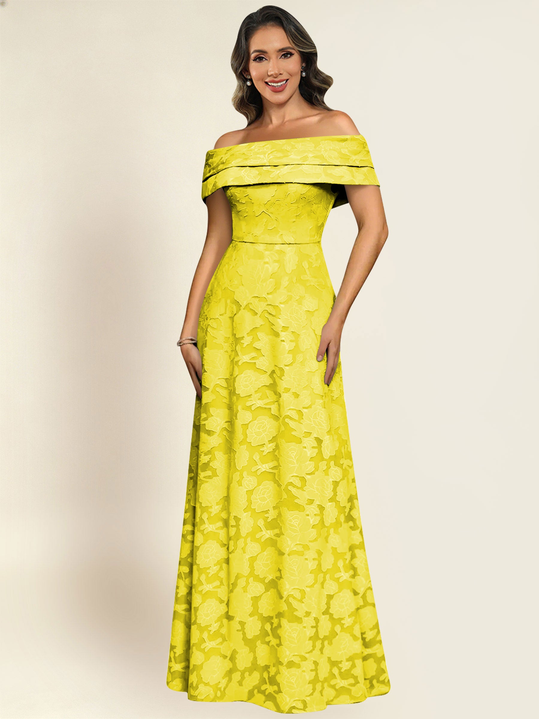 ROVDESY Off the Shoulder Floral Jacquard A-Line Long Mother of the Bride Dress