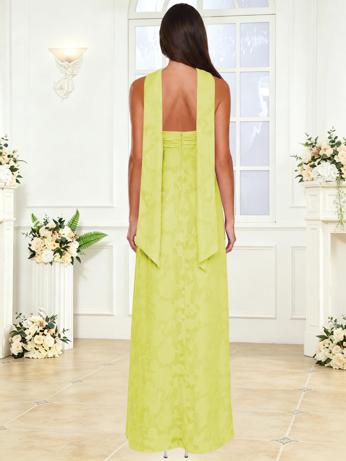 Spaghetti Strap Ruched Floral Jacquard A Line Bridesmaid Dress with Scarf
