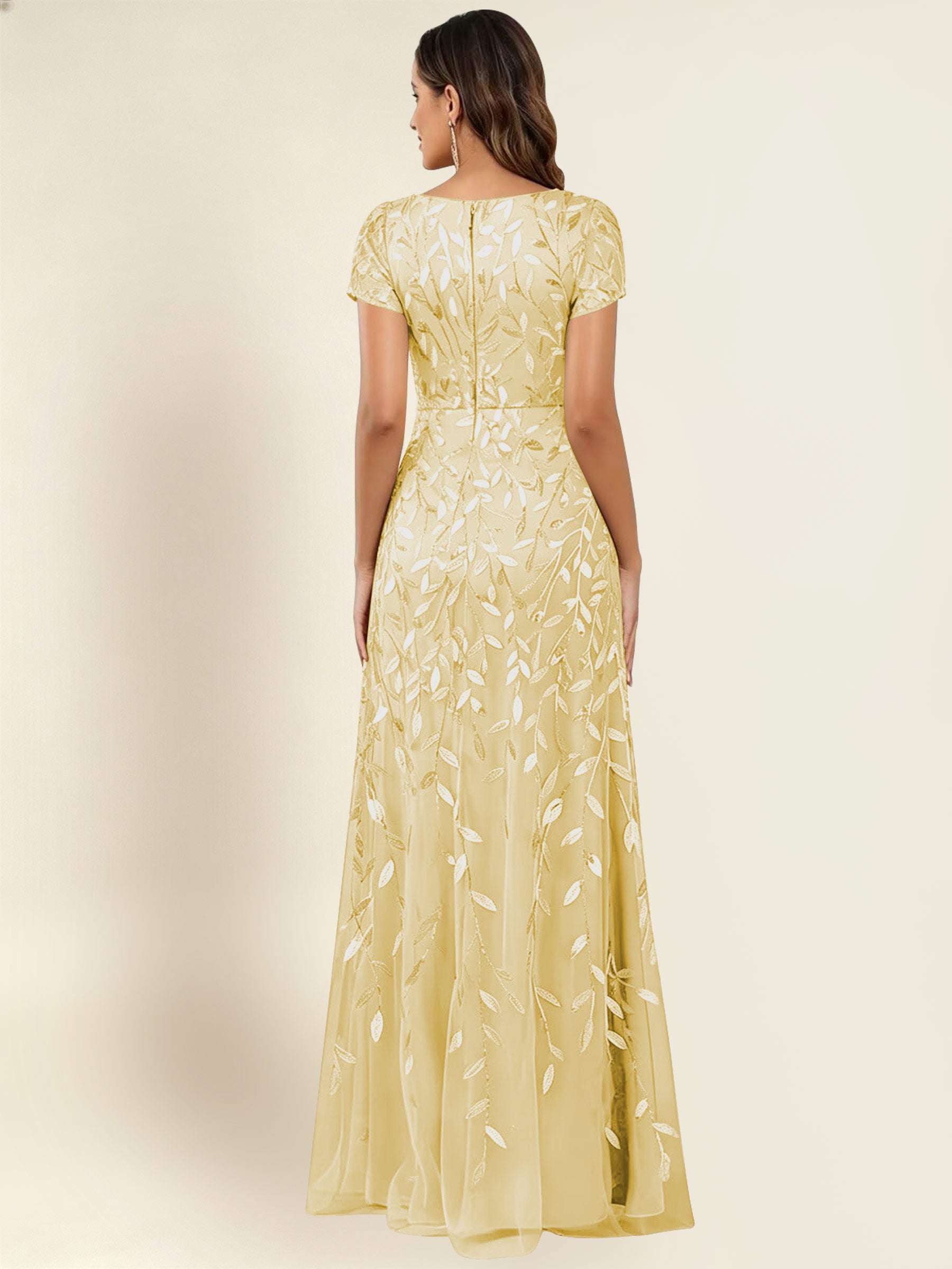 ROVDESY Sequin Mermaid Long Mother Of The Bride Dress With Short Sleeves Formal Gown