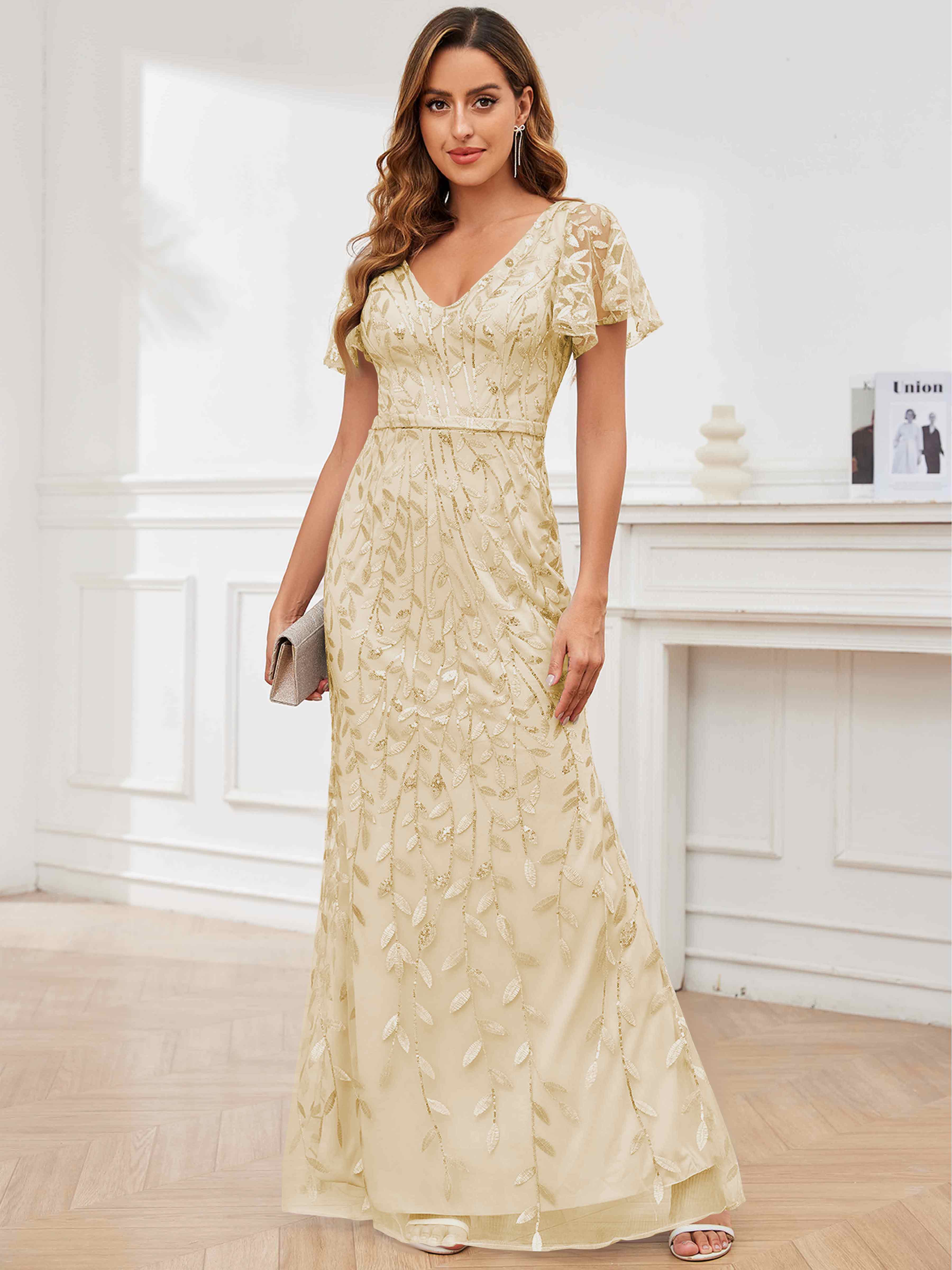 ROVDESY V-Neck Mermaid Sequin Mother Of The Bride Dress With Short Sleeves