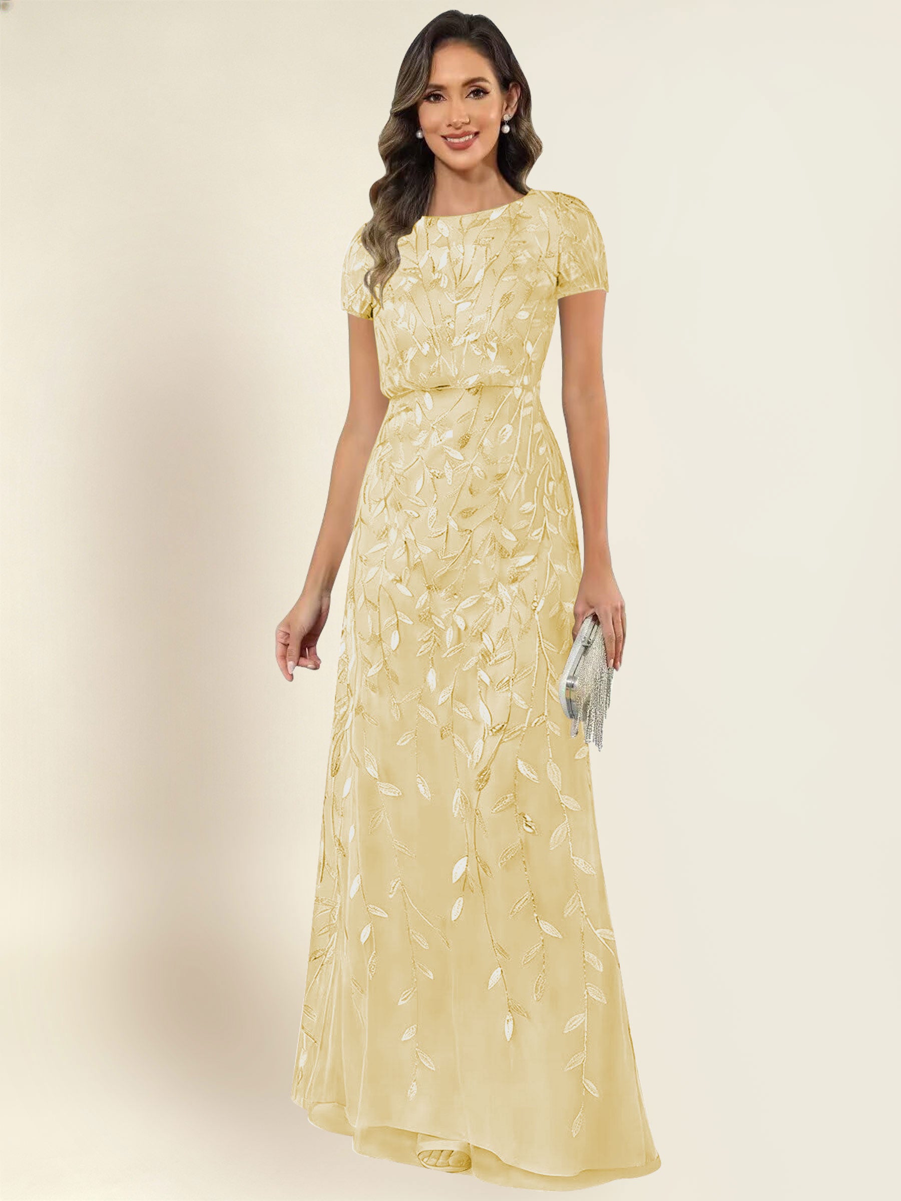 ROVDESY Sequin Mermaid Long Mother Of The Bride Dress With Short Sleeves Formal Gown