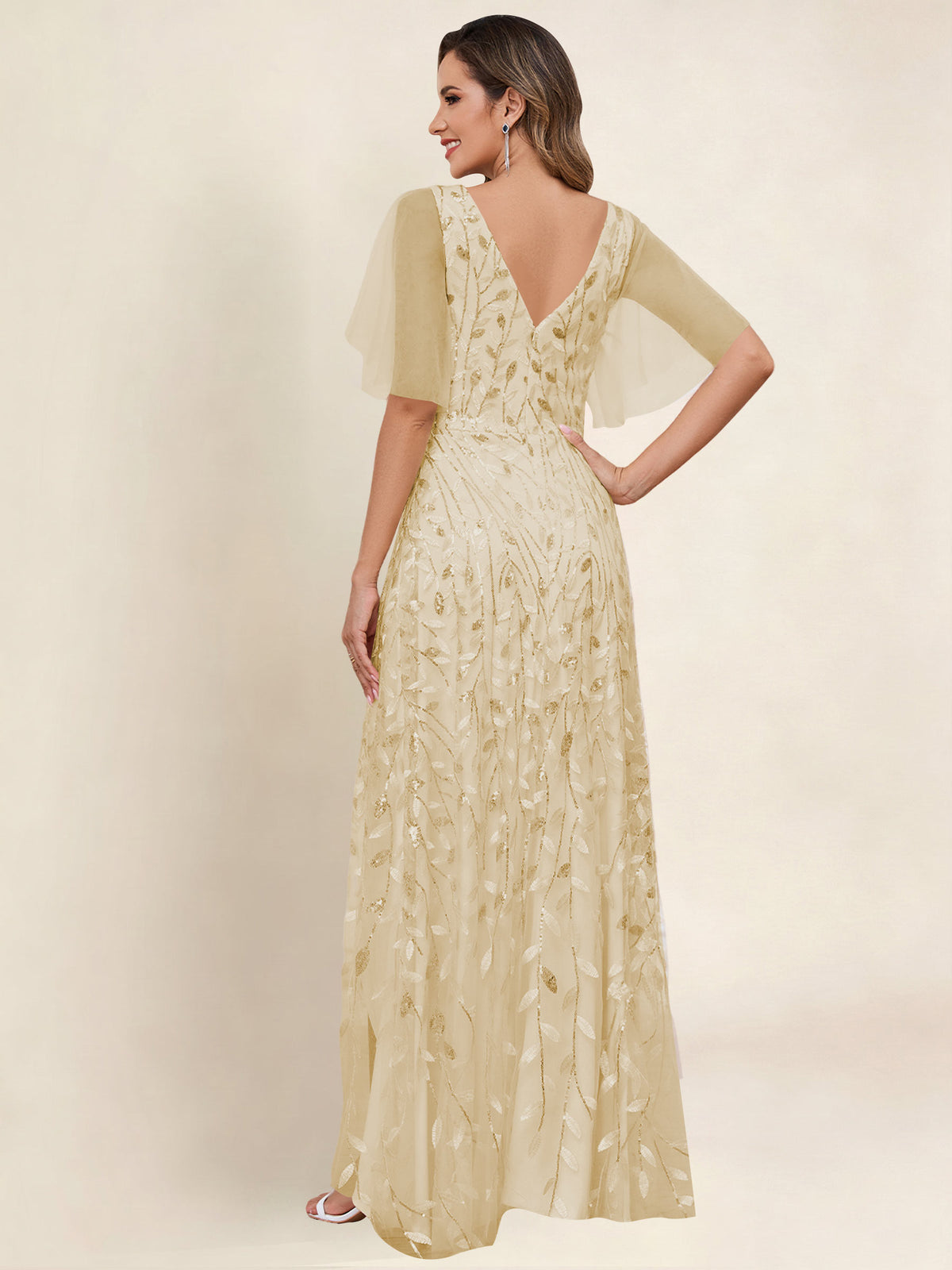 V Neck Sequin Tulle A Line Mother of the Bride Dress with Sleeves