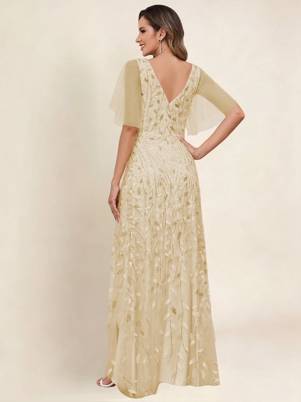 V Neck Sequin Tulle A Line Mother of the Bride Dress with Sleeves