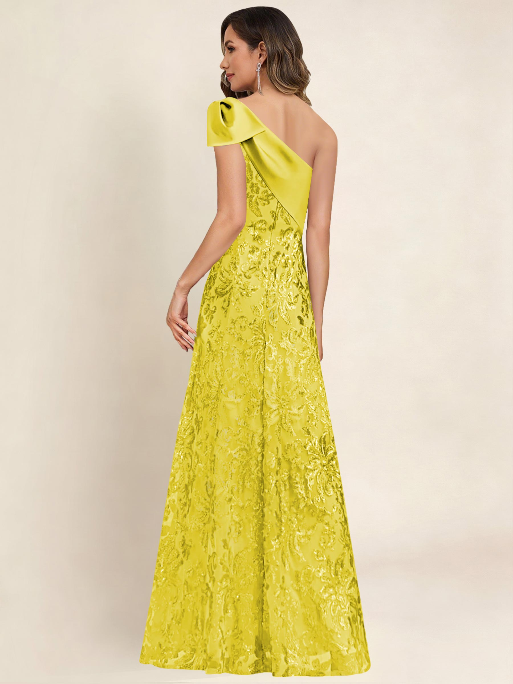 ROVDESY One Shoulder Sequin Mermaid Long Mother Of The Bride Dress Formal Gown With Bow