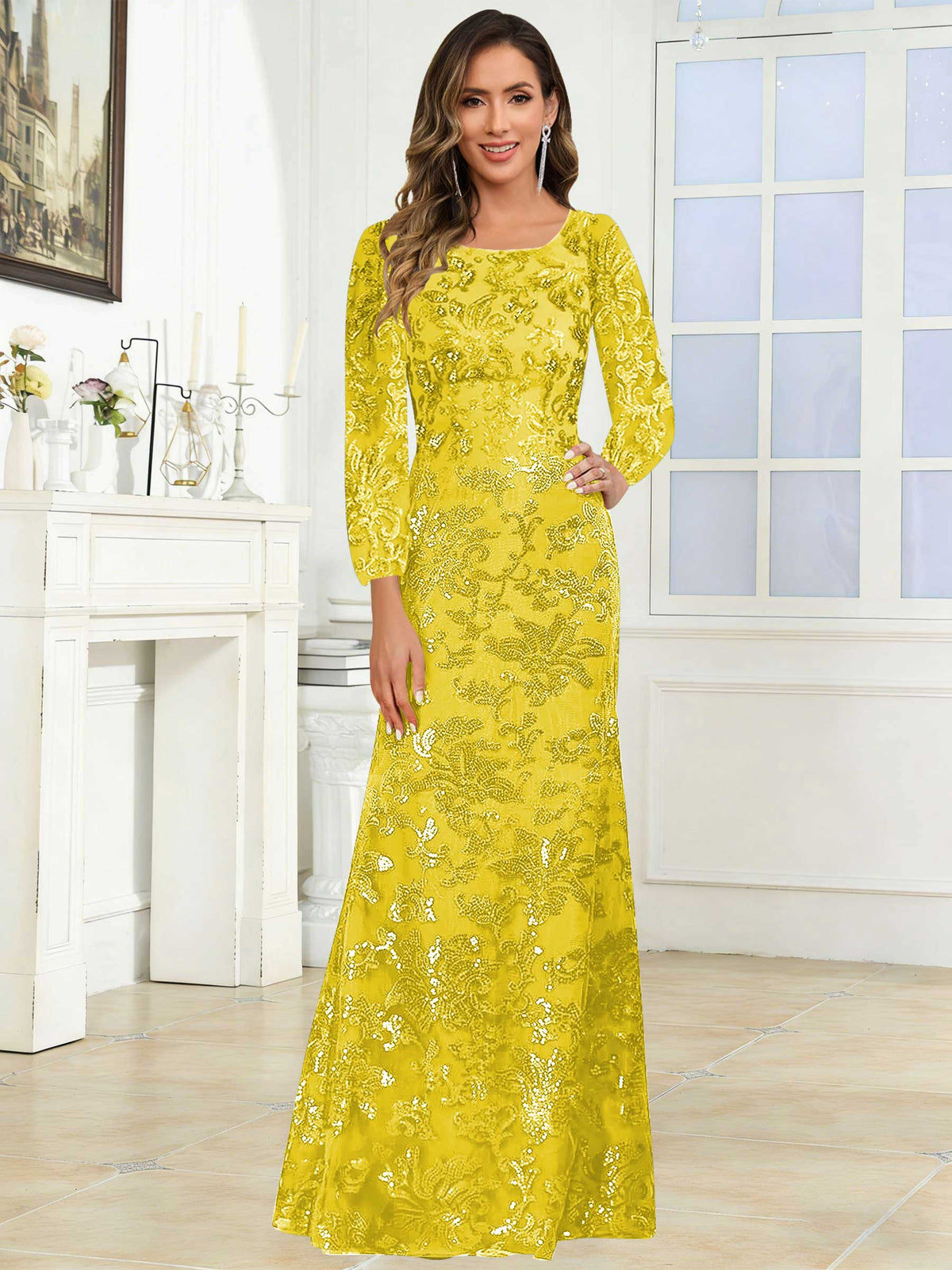 Crew Neck Sequin Lace Long Sleeve Mother of the Bride Dress