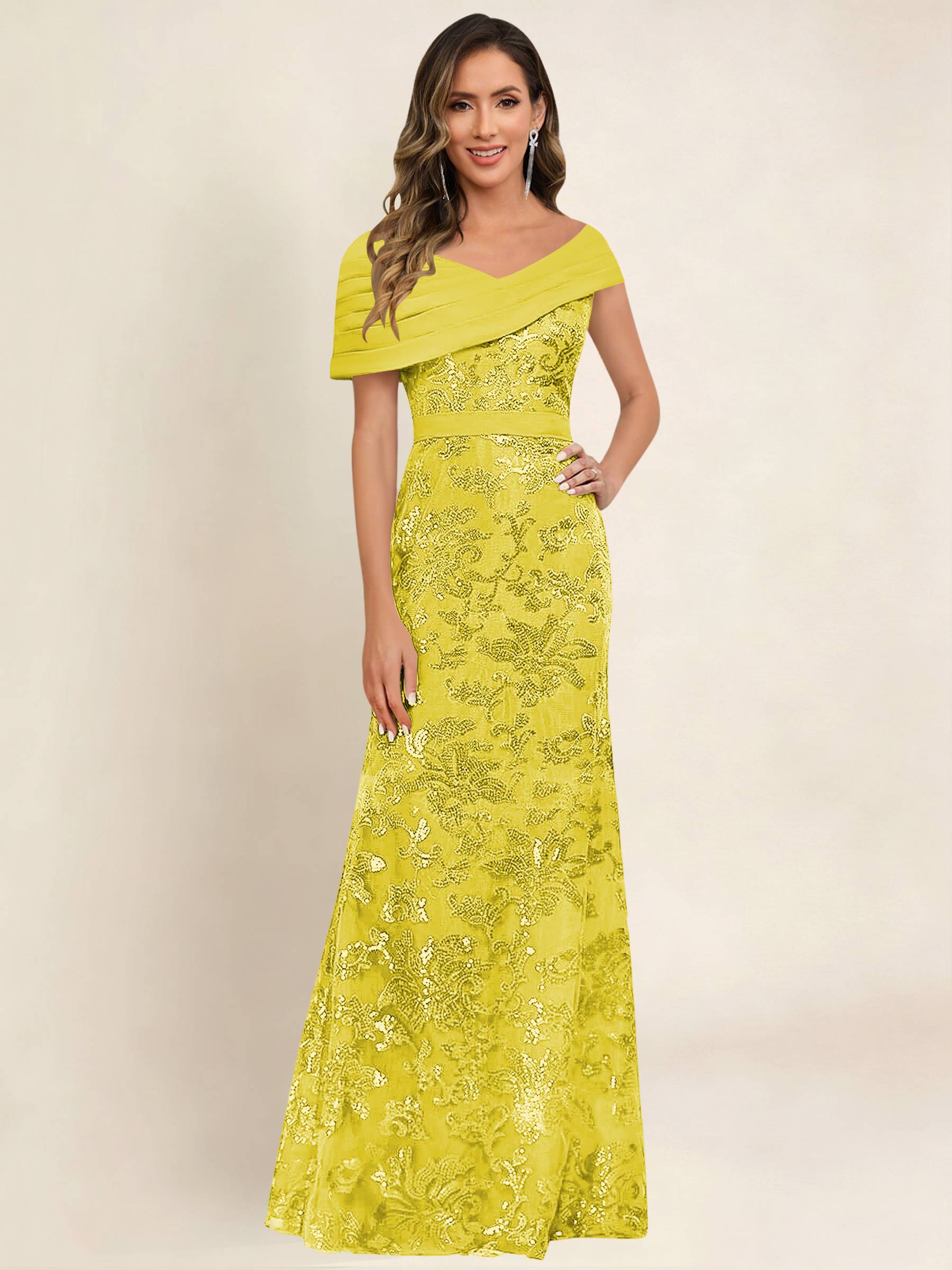 ROVDESY Off the Shoulder Sequin Mermaid Long Mother Of The Bride Dress Formal Gown