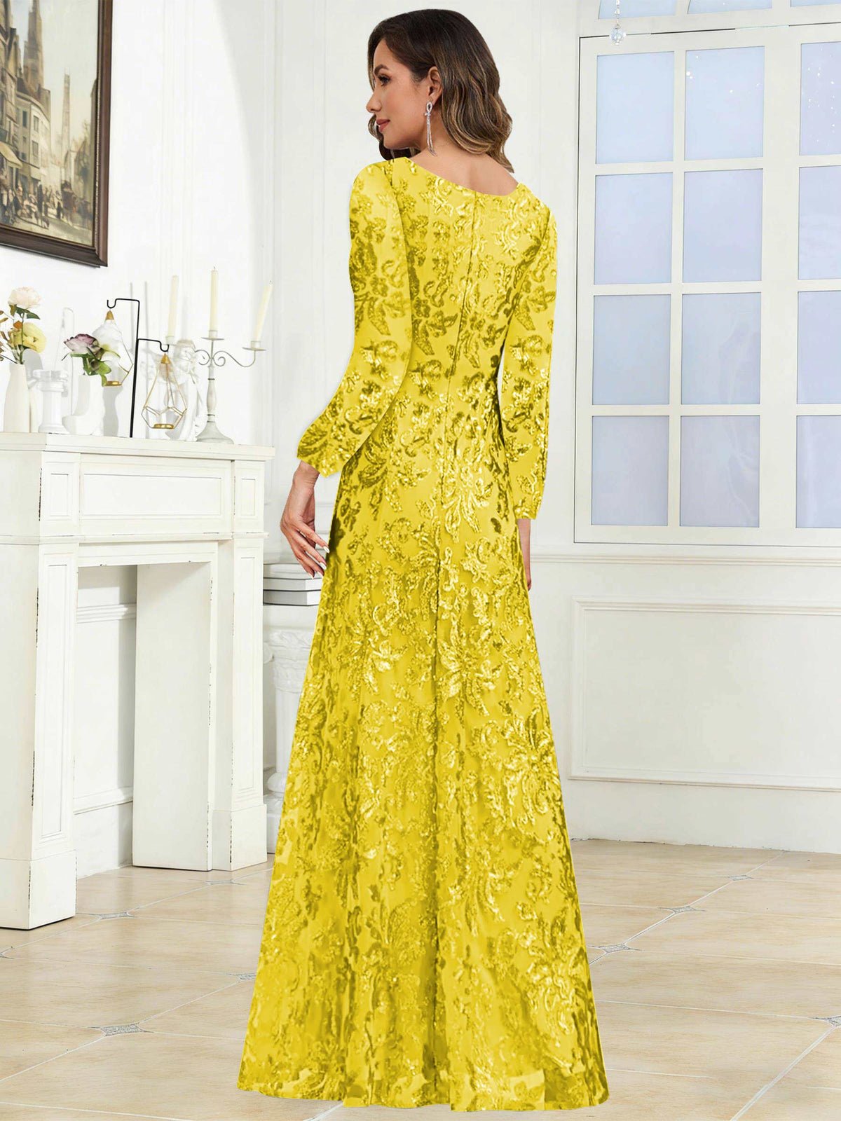 Crew Neck Sequin Lace Long Sleeve Mother of the Bride Dress