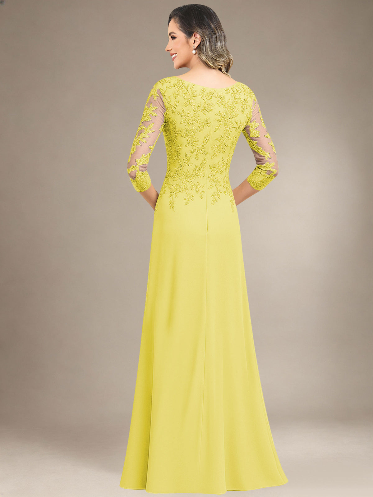 Bateau Neck Chiffon Lace Mermaid Mother of the Bride Dress with 3/4 Sleeves