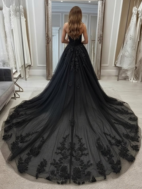 Strapless Sweetheart Lace Applique A-Line Wedding Dress with Cathedral Train