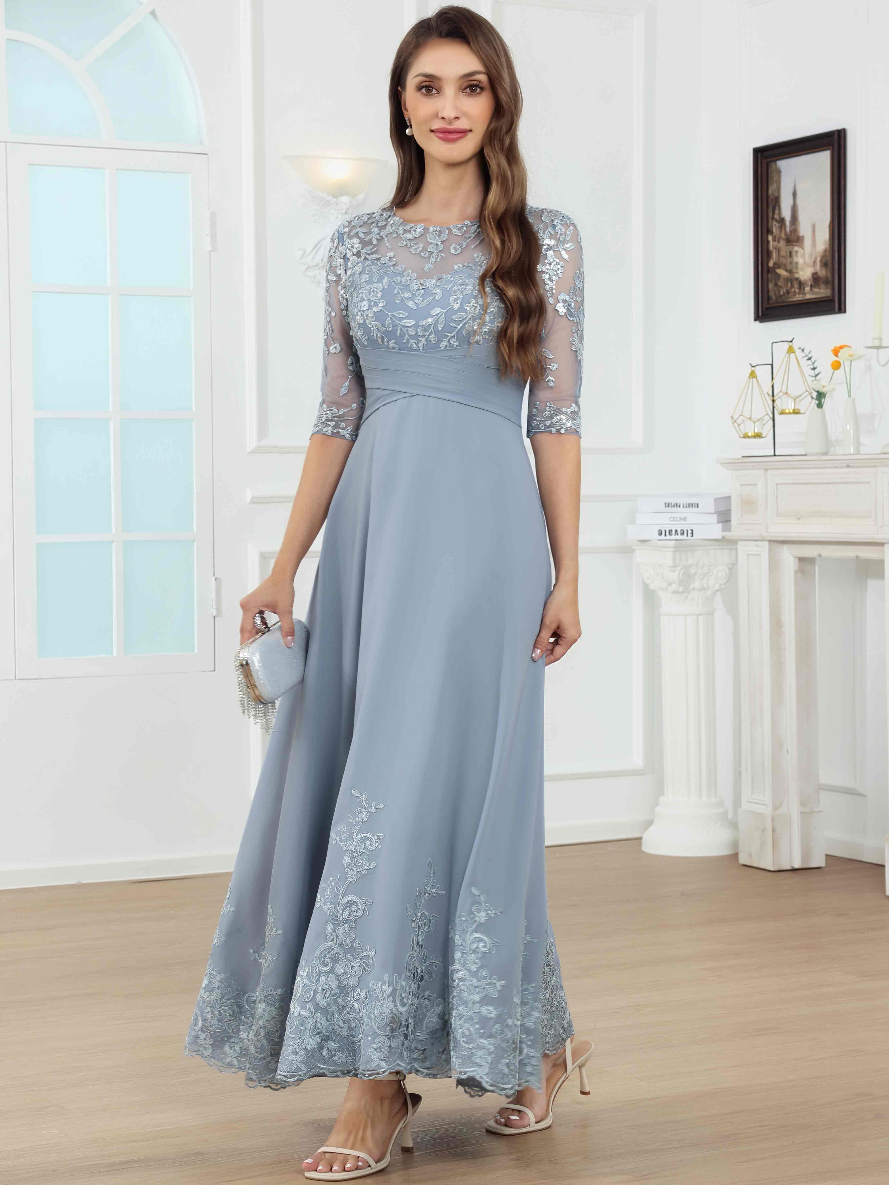 ROVDESY A-Line Lace Sequin Pleated Chiffon Mother Of The Bride Dress With Half Sleeves