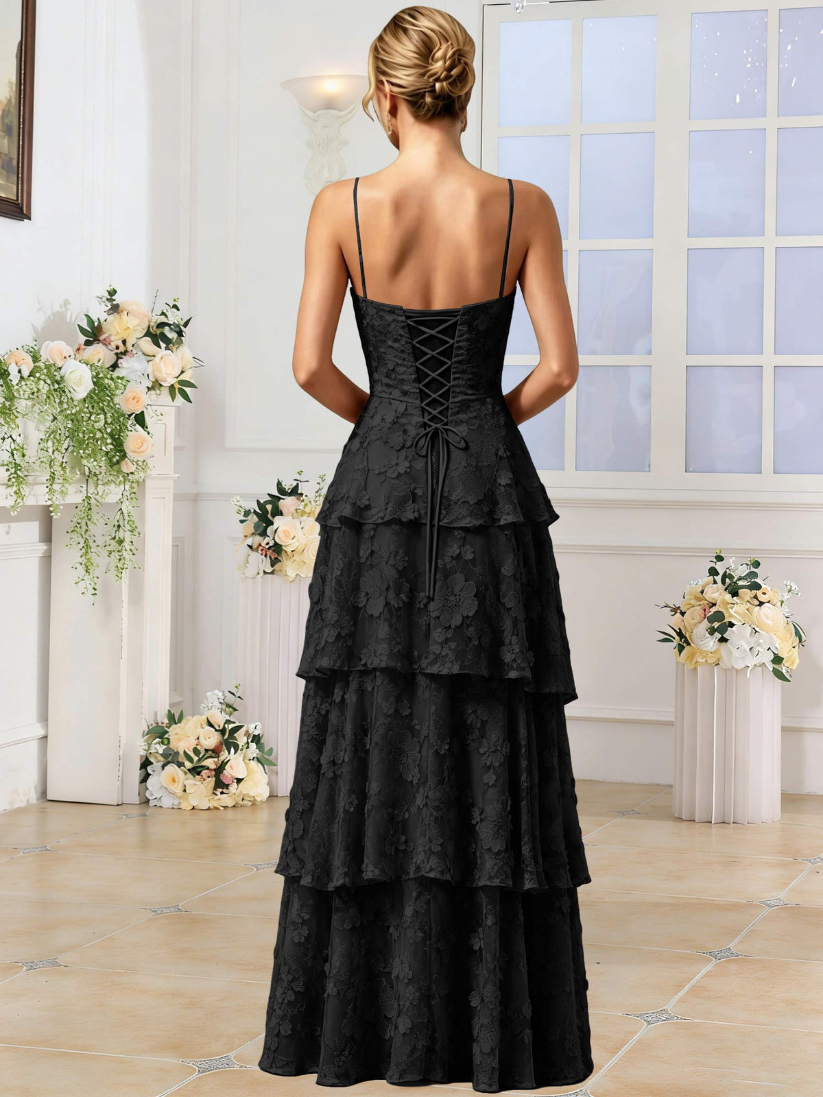 Spaghetti Strap 3D Floral Tiered Tulle Formal Prom Dress