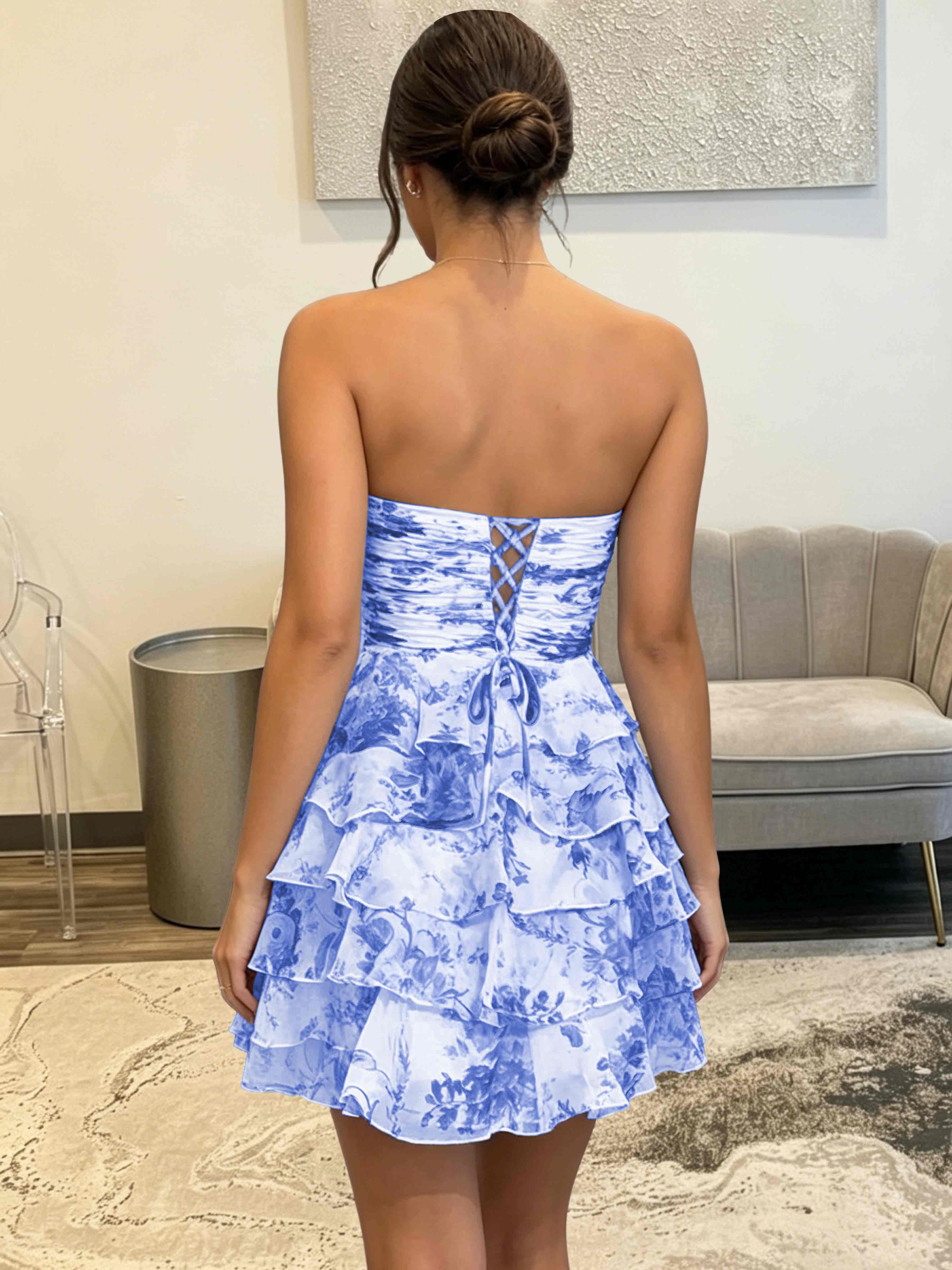ROVDESY Strapless Tiered Ruffle Floral Print Chiffon Homecoming Mini Dress