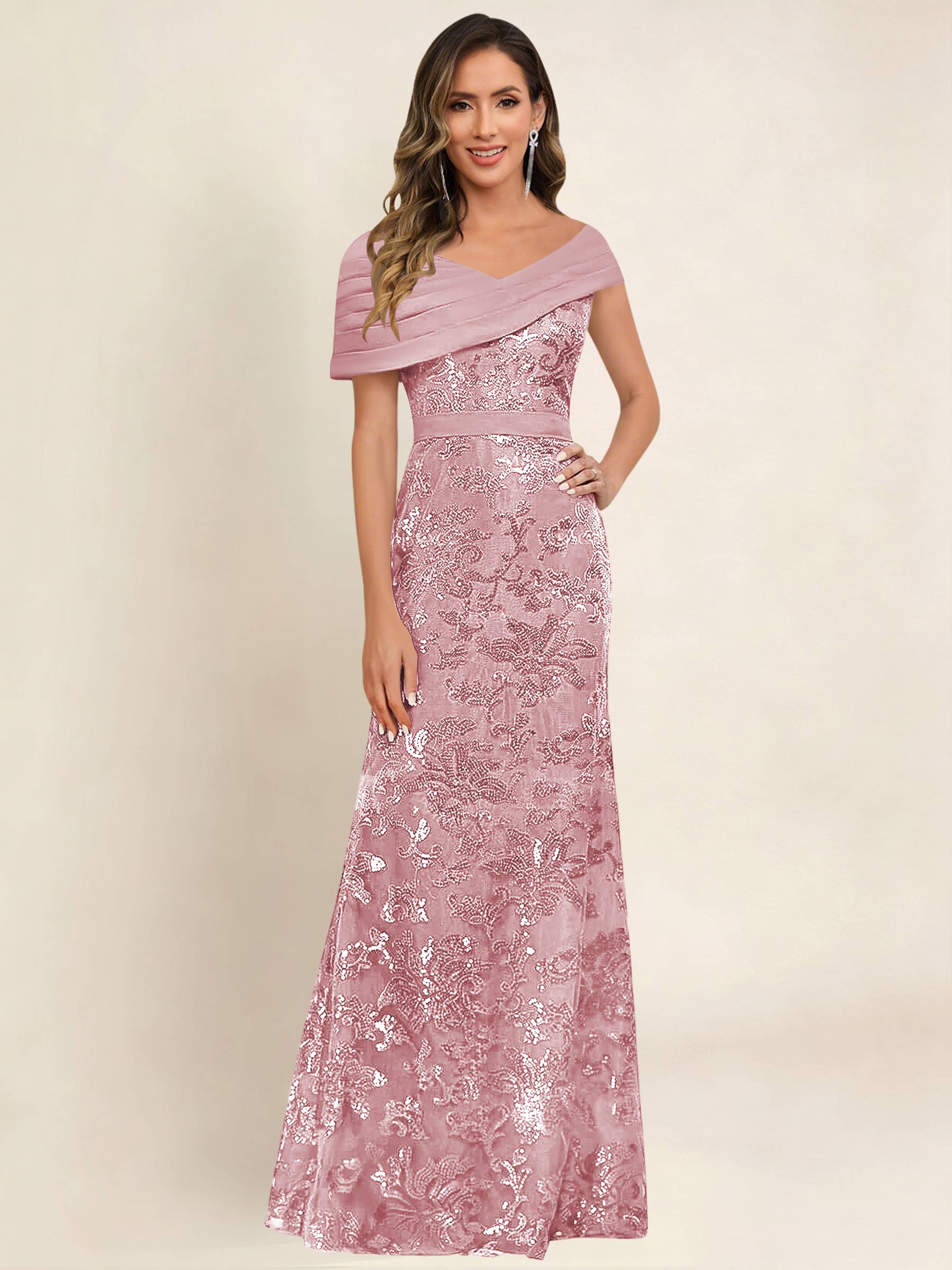ROVDESY Off the Shoulder Sequin Mermaid Long Mother Of The Bride Dress Formal Gown