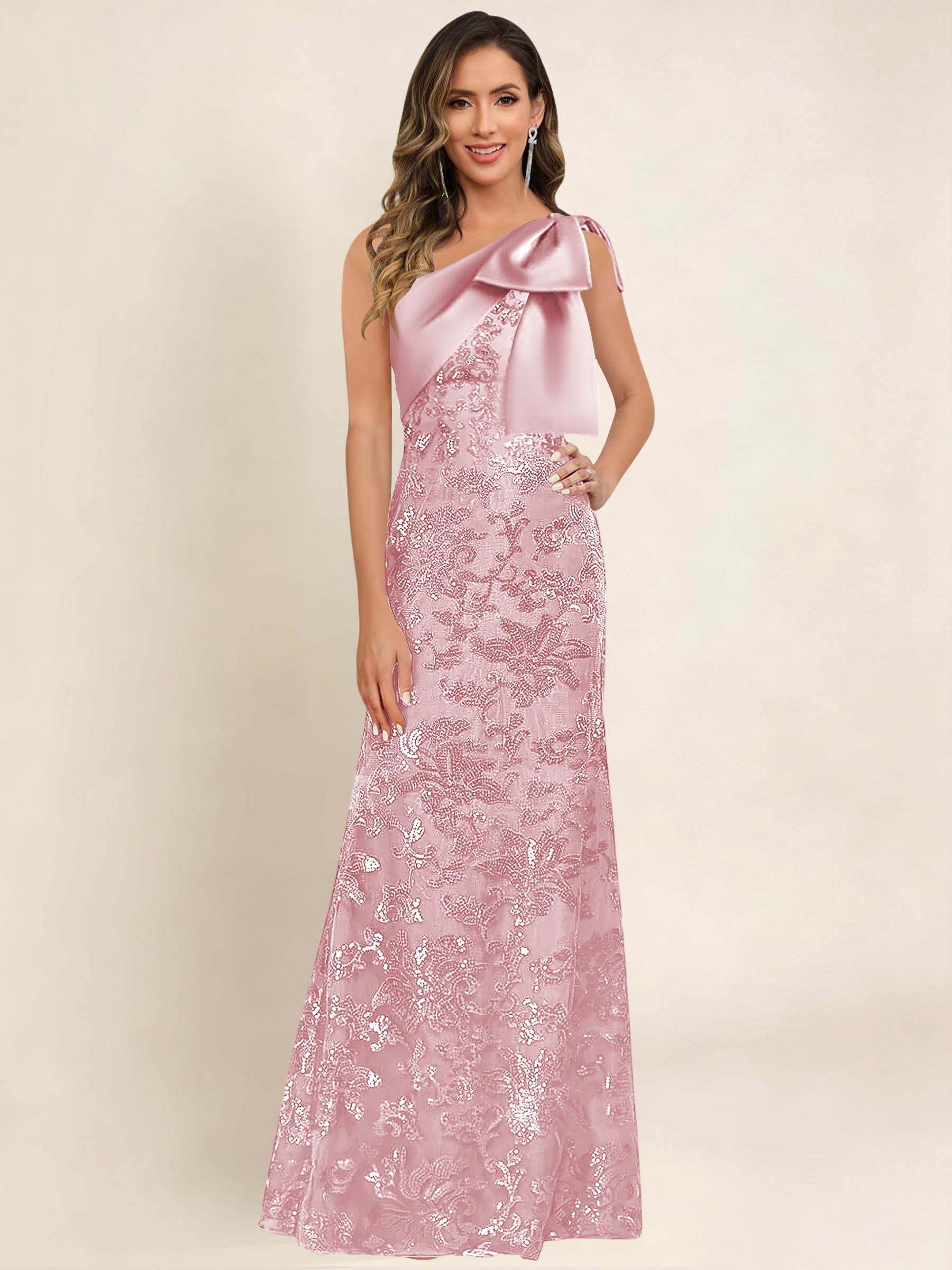 ROVDESY One Shoulder Sequin Mermaid Long Mother Of The Bride Dress Formal Gown With Bow