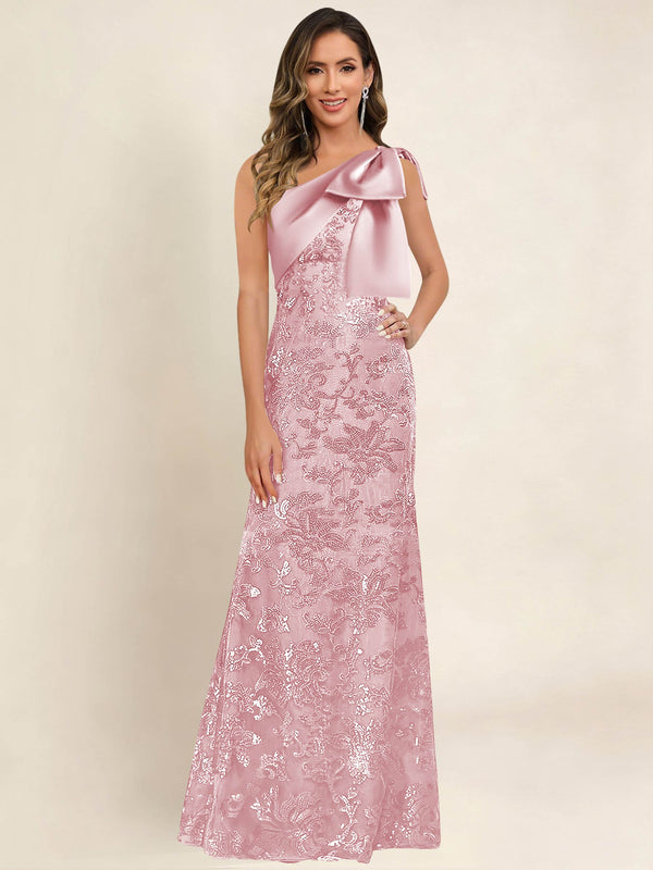 One Shoulder Sequin Mermaid Long Mother Of The Bride Dress Formal Gown With Bow