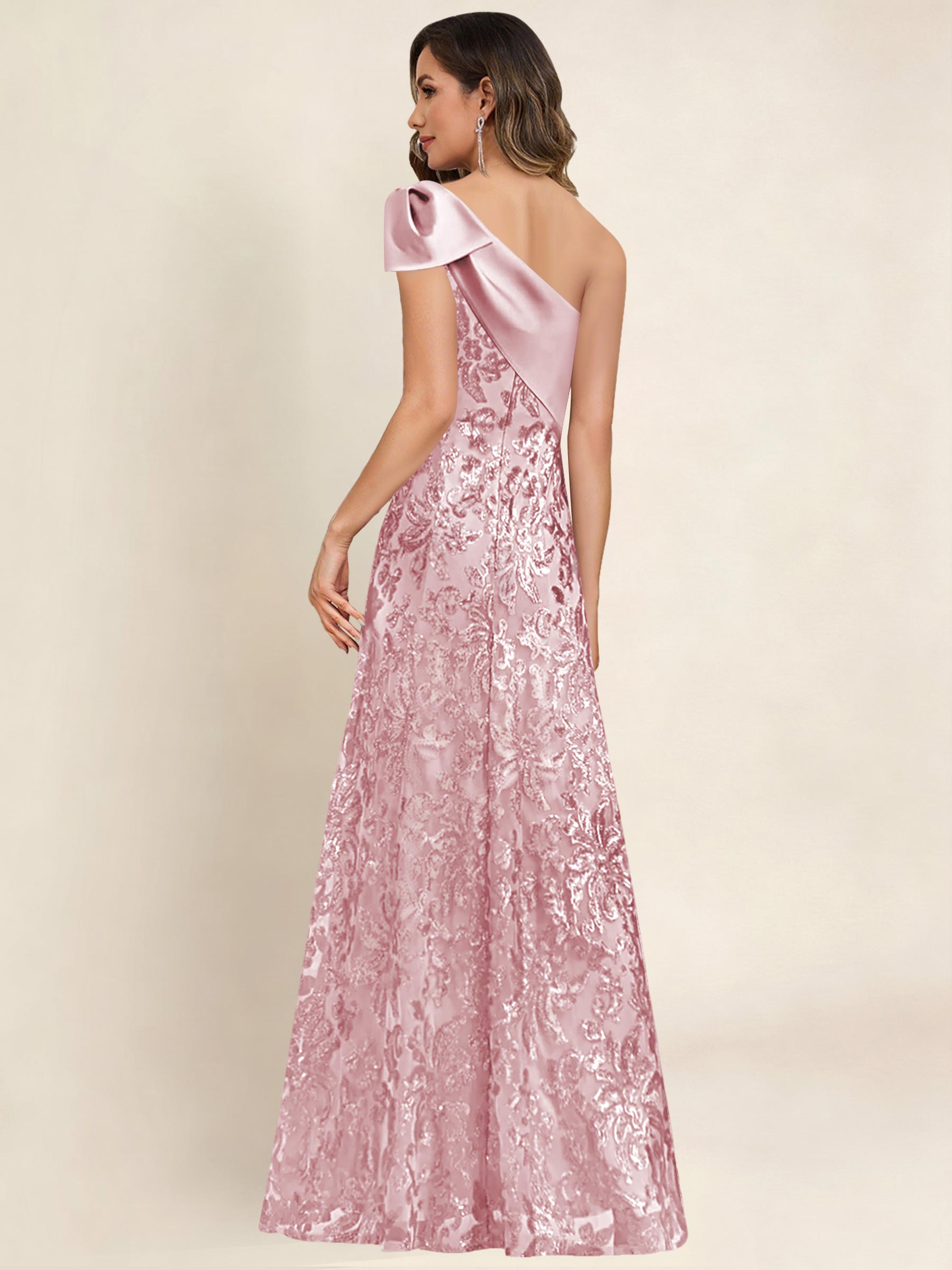 ROVDESY One Shoulder Sequin Mermaid Long Mother Of The Bride Dress Formal Gown With Bow
