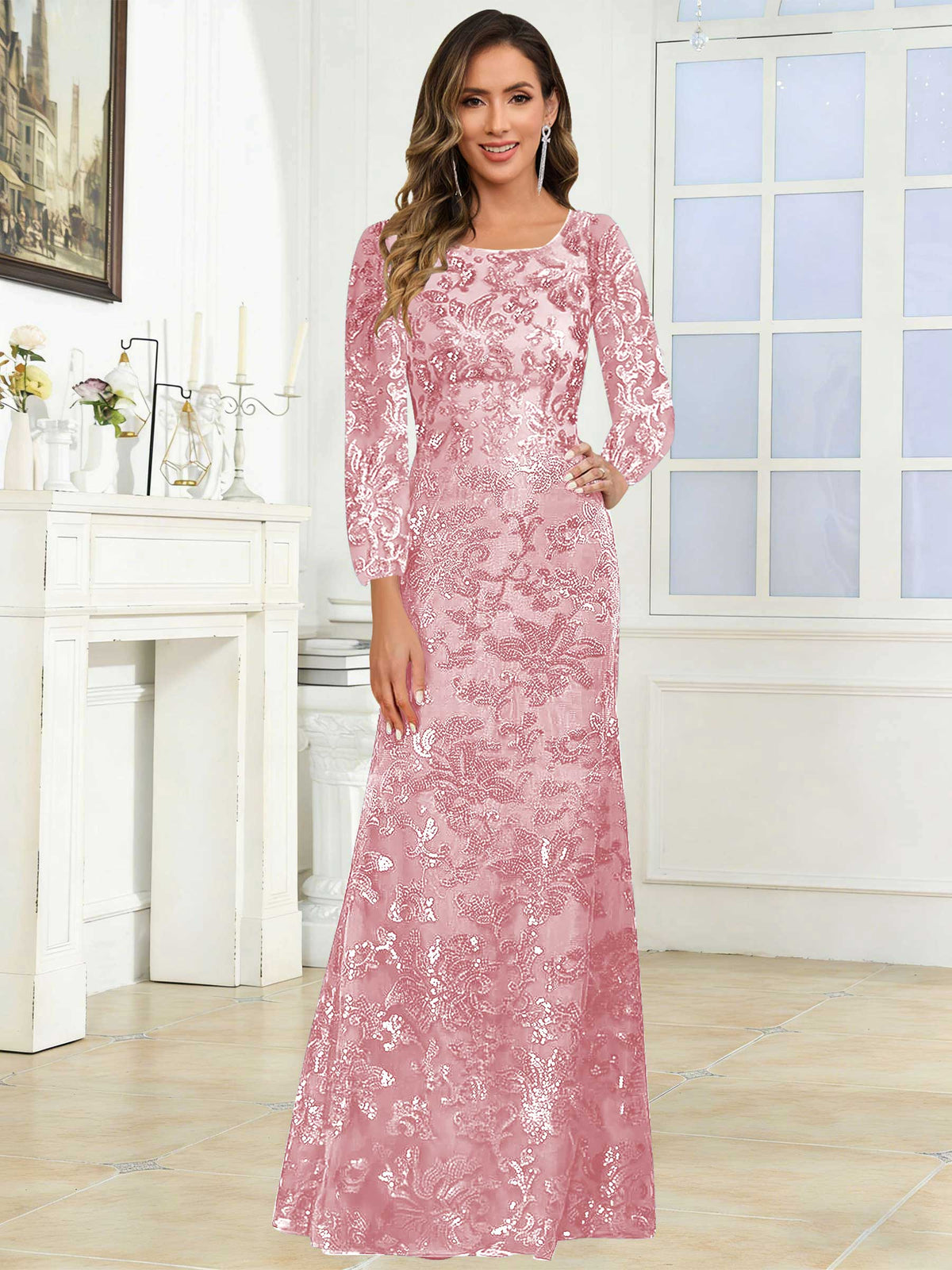 Crew Neck Sequin Lace Long Sleeve Mother of the Bride Dress
