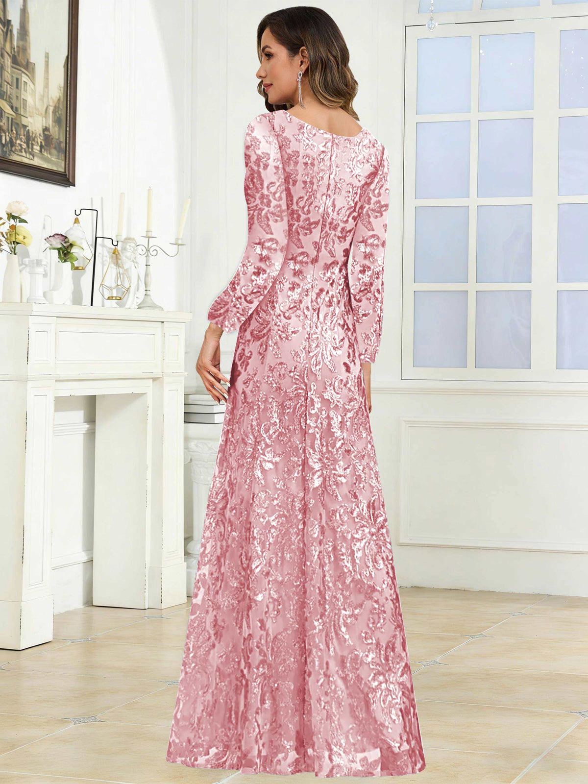 Crew Neck Sequin Lace Long Sleeve Mother of the Bride Dress