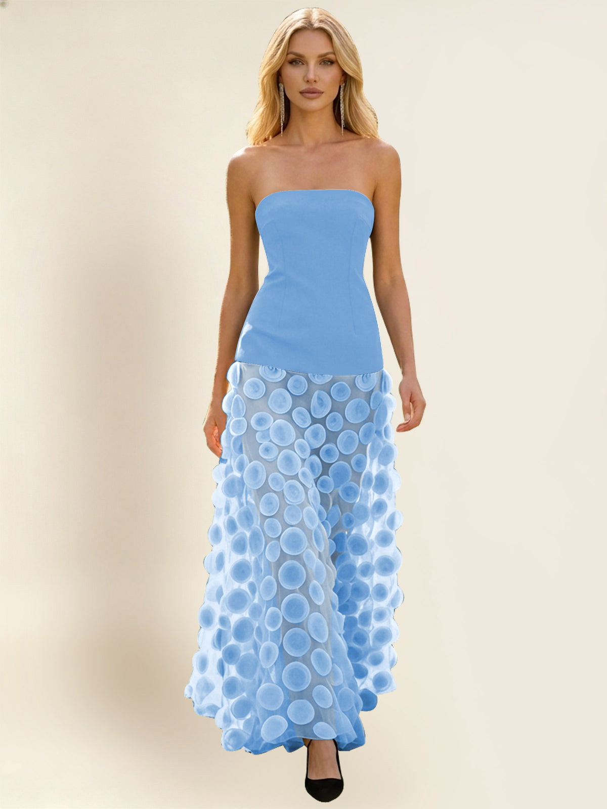 Strapless Contrast 3D Circle Applique Maxi Evening Gown