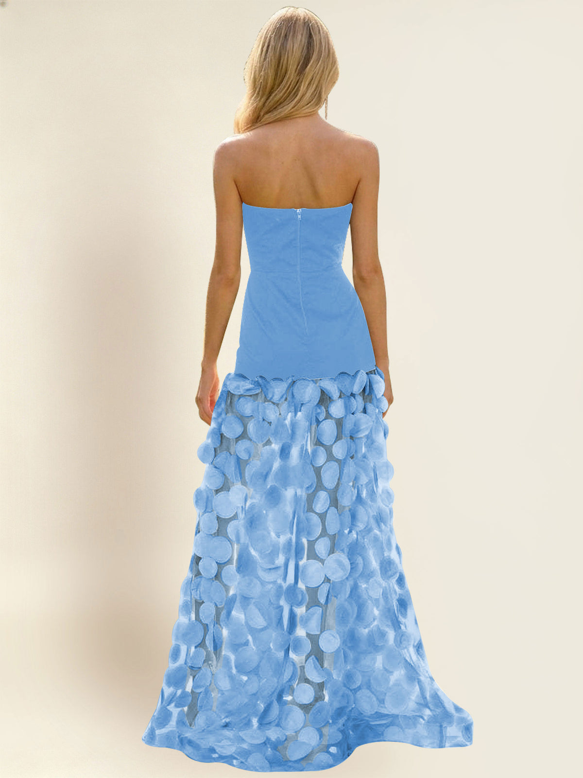 Strapless Contrast 3D Circle Applique Maxi Evening Gown