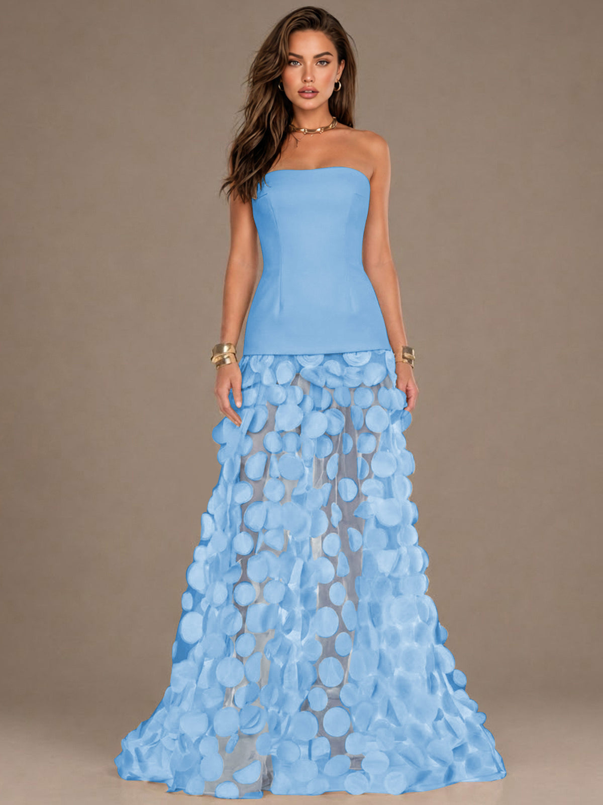 Strapless Contrast 3D Circle Applique Maxi Evening Gown