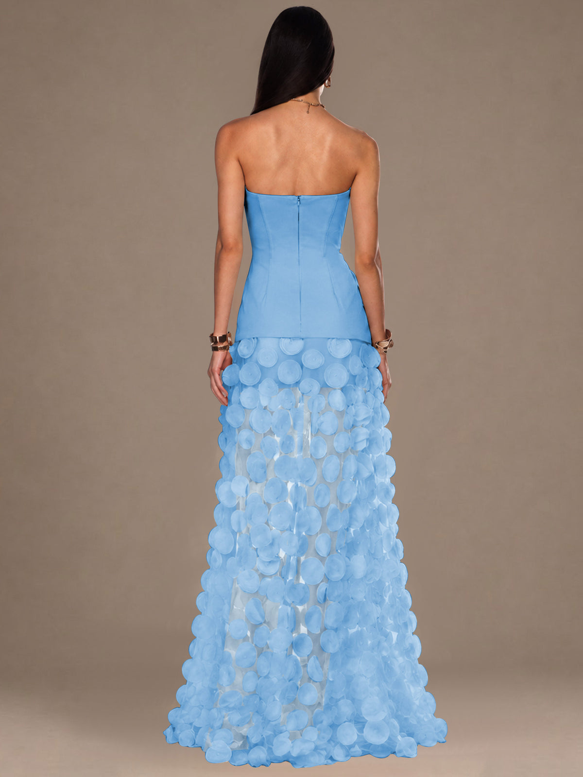 Strapless Contrast 3D Circle Applique Maxi Evening Gown