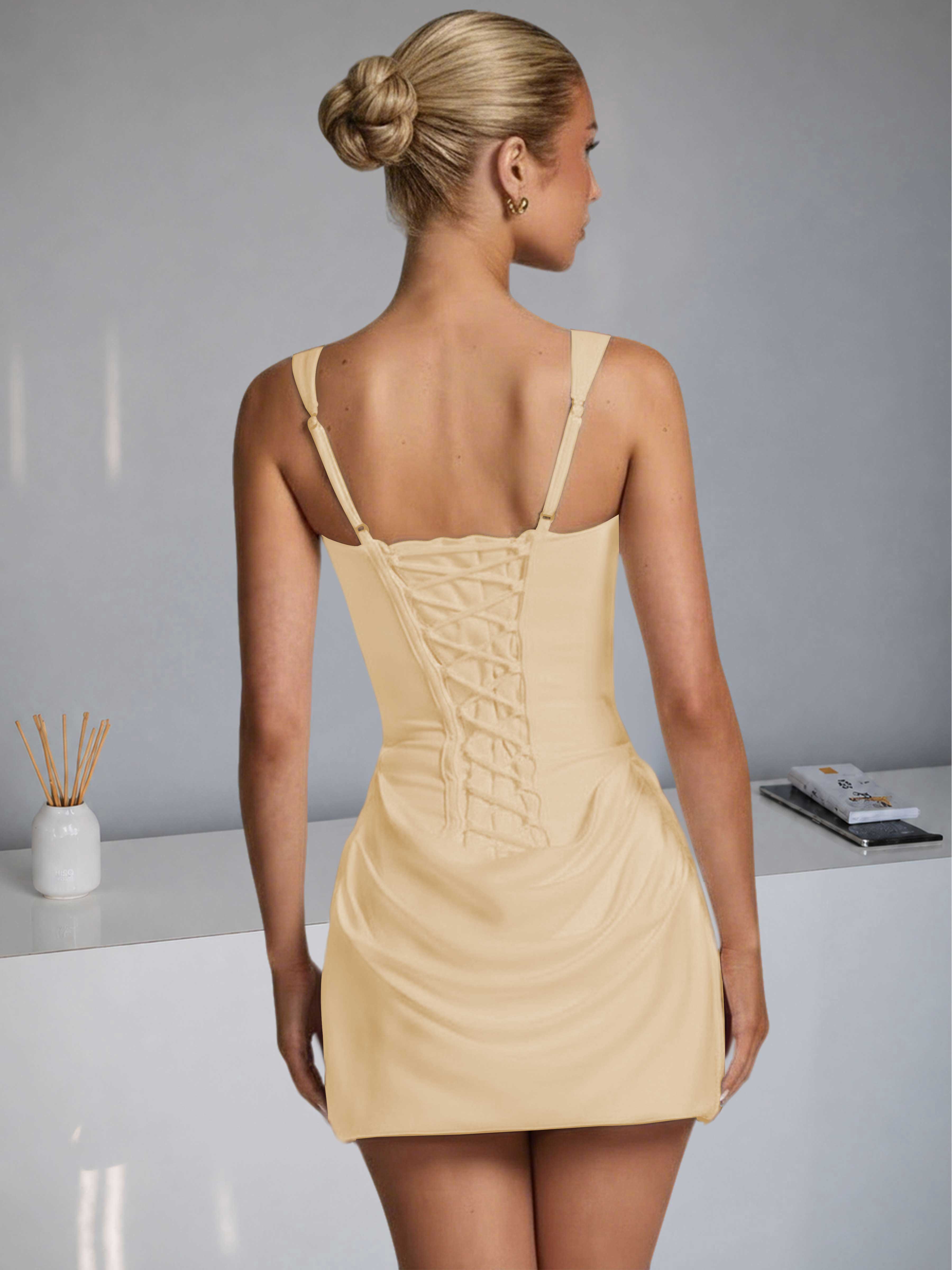 ROVDESY Square Neck Ruched Satin Homecoming Mini Dress