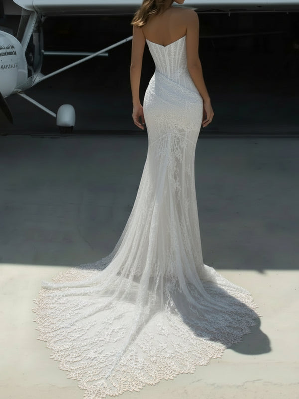 Strapless Sheer Lace Mermaid Wedding Dress with Corset Bodice And Lace Train