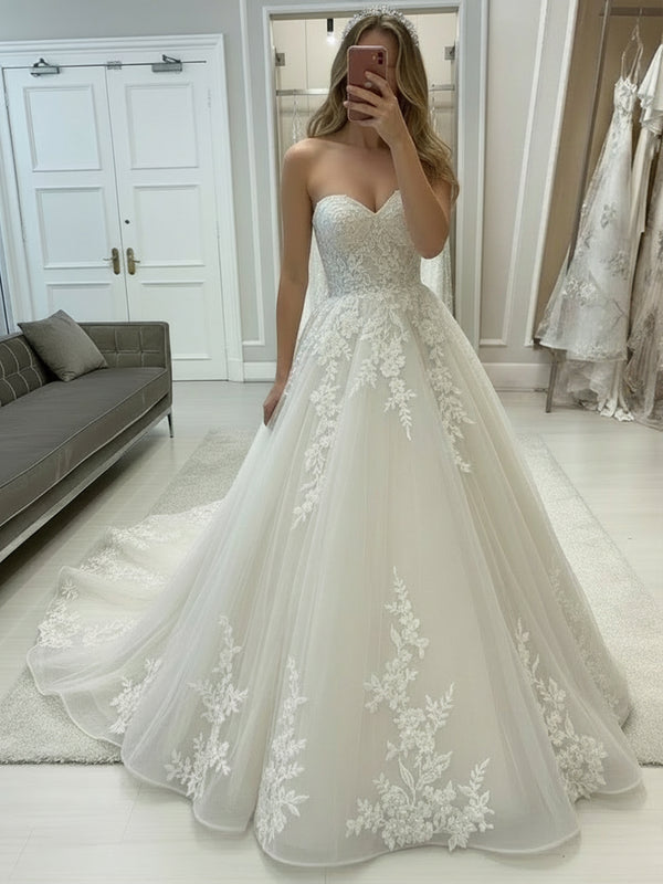 Strapless Sweetheart Lace Applique A-Line Wedding Dress with Cathedral Train