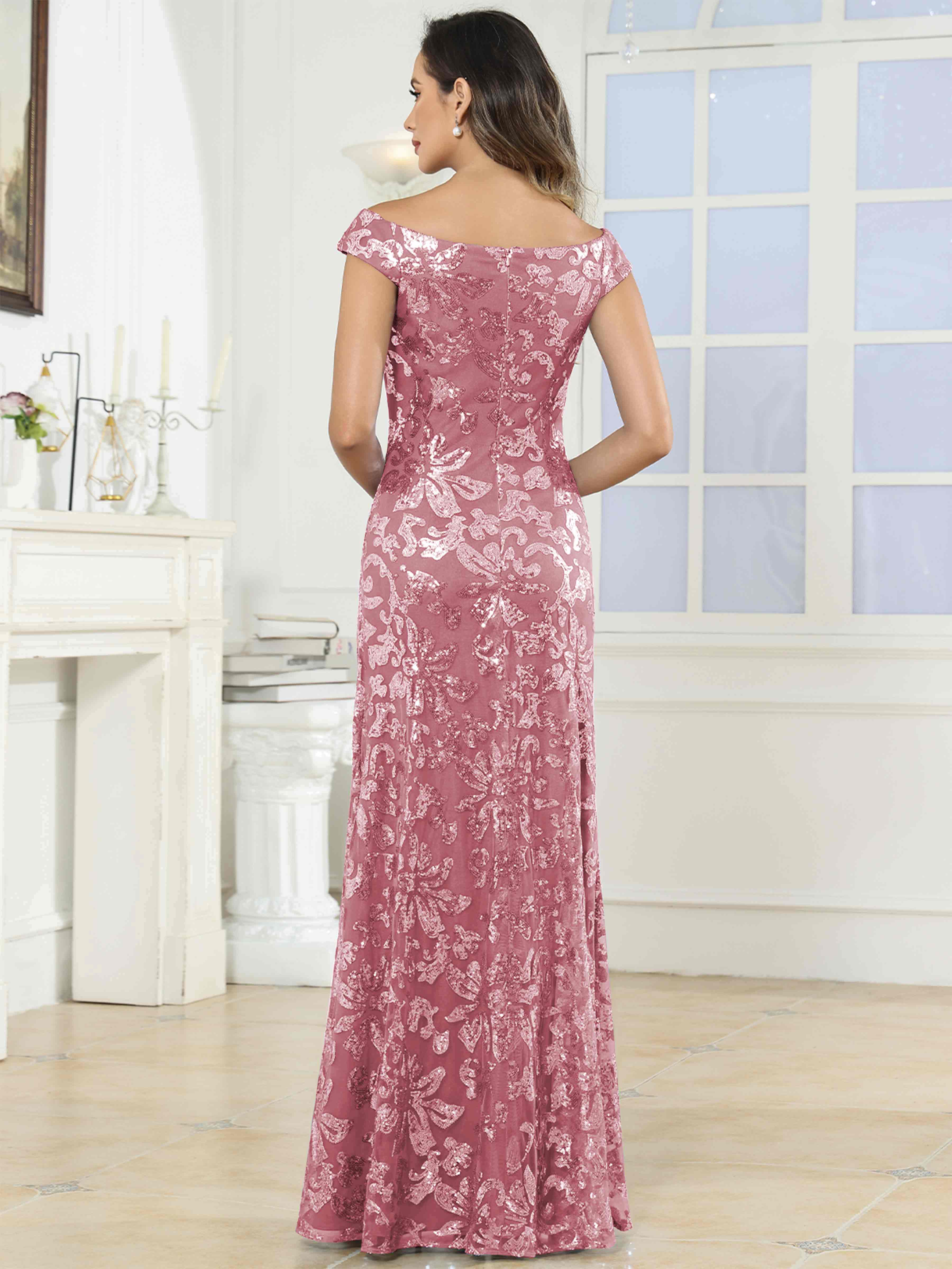 ROVDESY Off-The-Shoulder Mermaid Sequin Mother Of The Bride Dress Formal Gown
