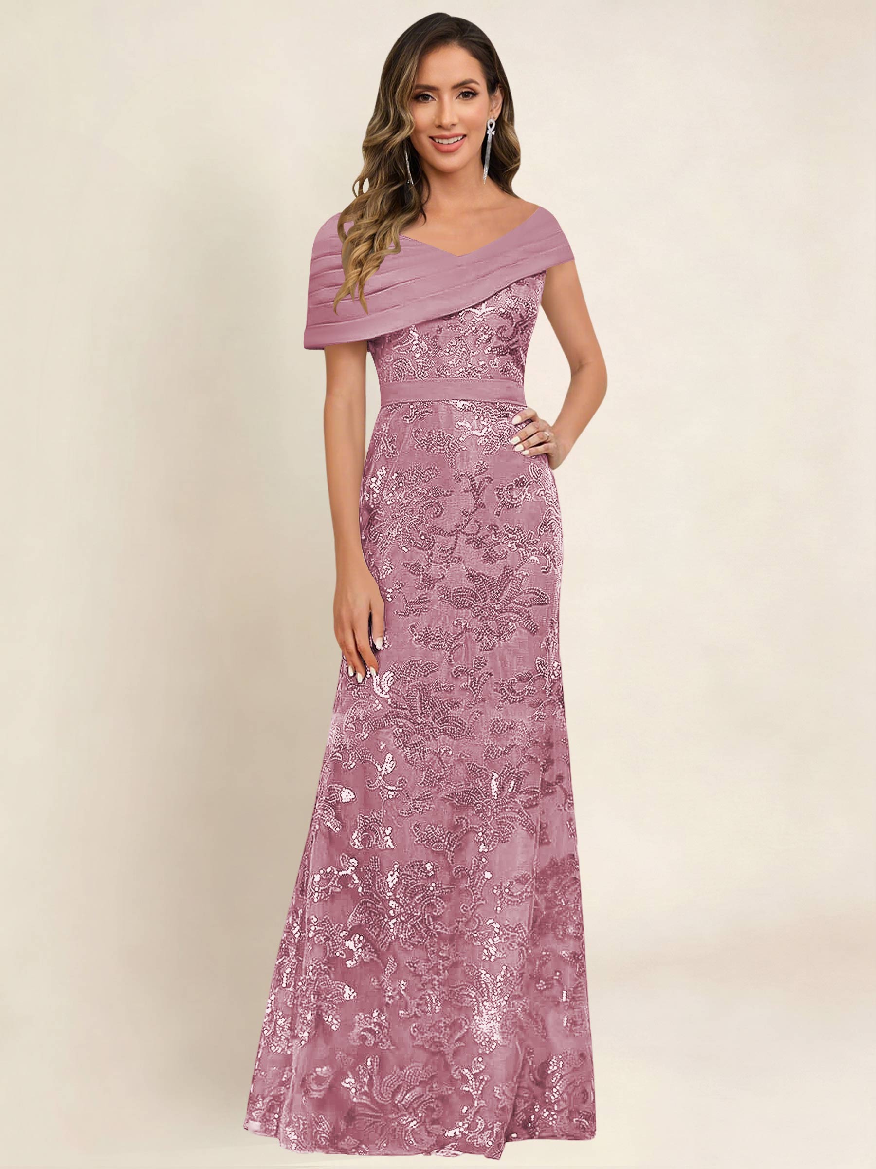 ROVDESY Off the Shoulder Sequin Mermaid Long Mother Of The Bride Dress Formal Gown