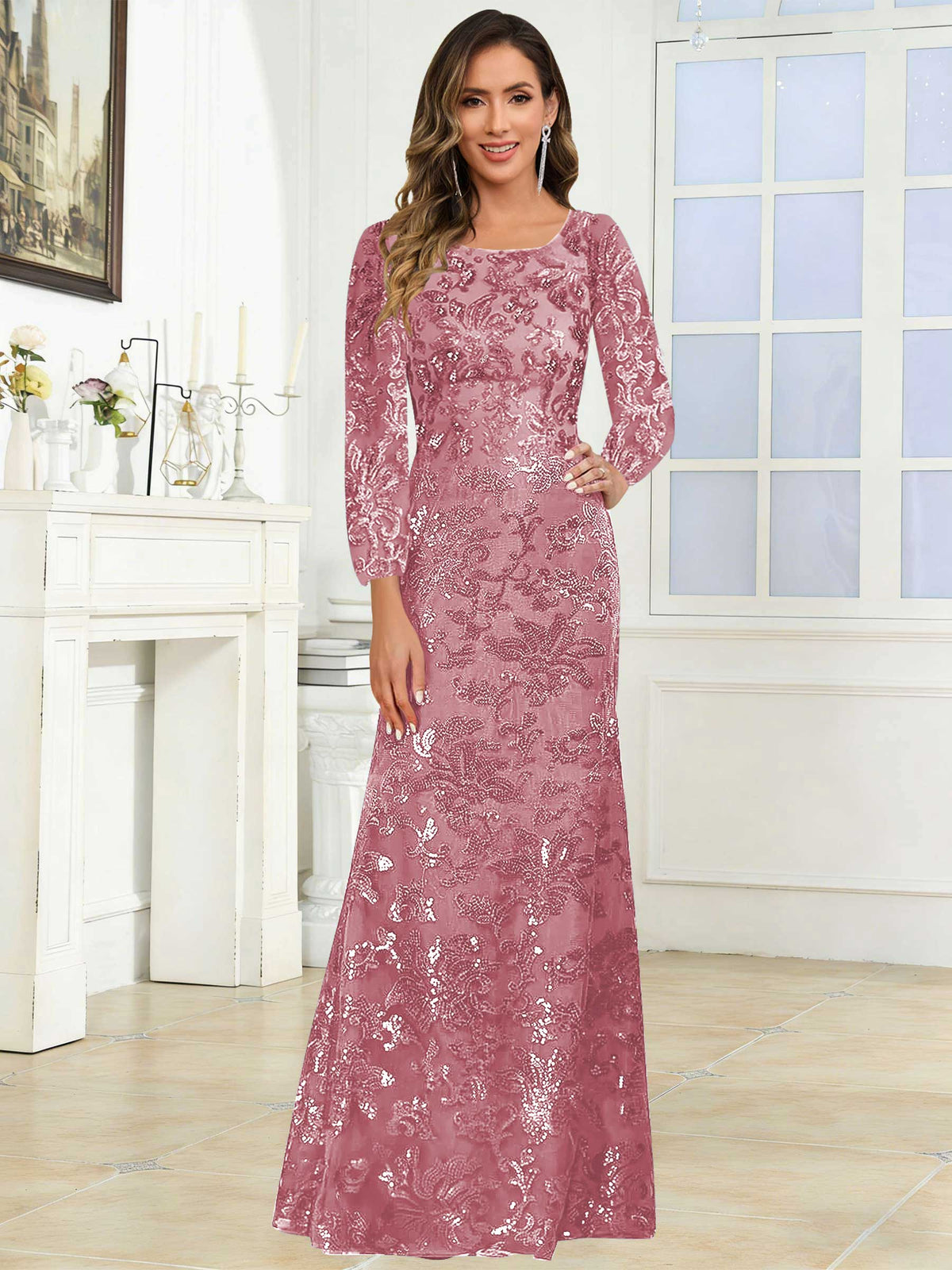 Crew Neck Sequin Lace Long Sleeve Mother of the Bride Dress