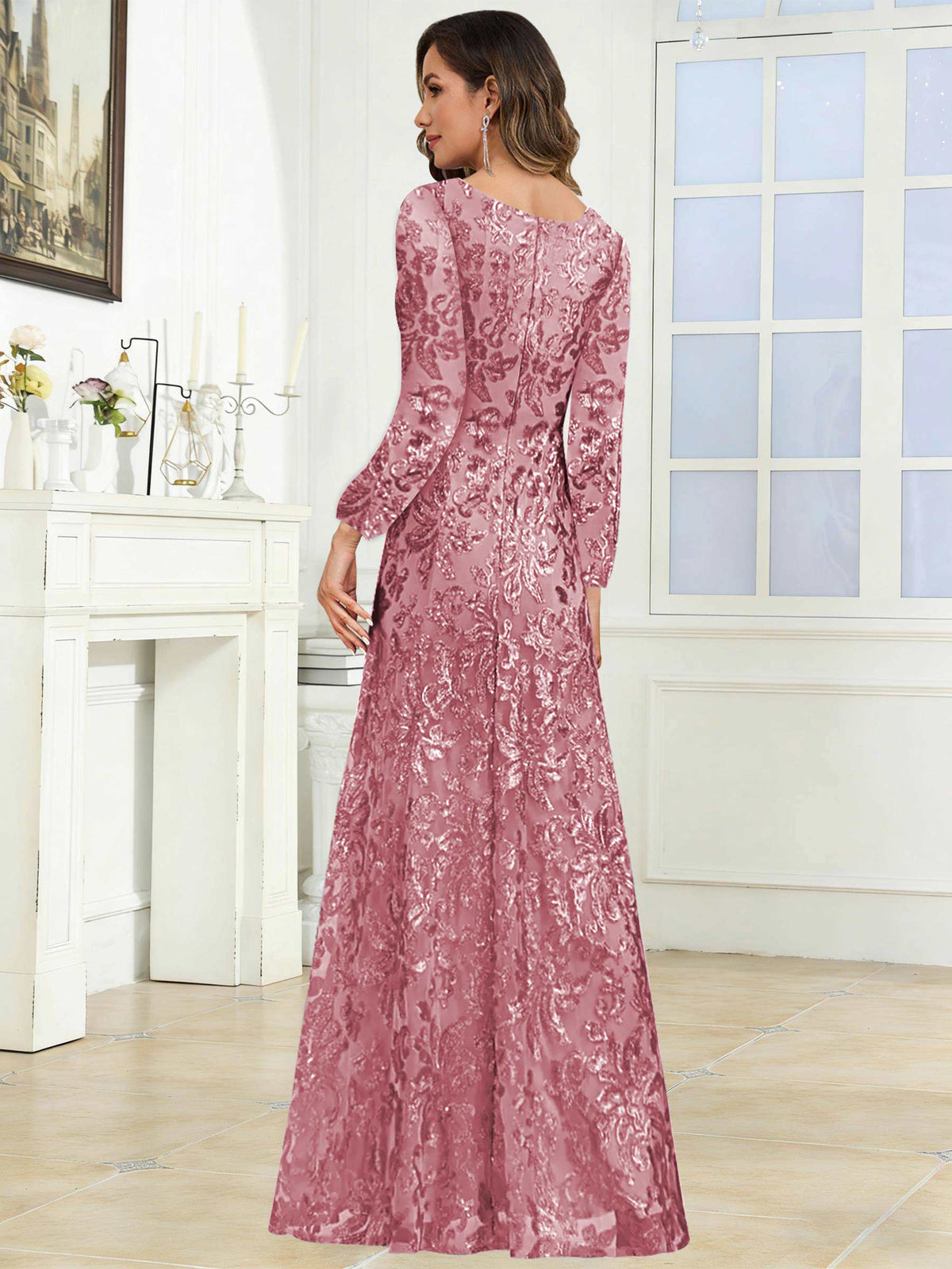 Crew Neck Sequin Lace Long Sleeve Mother of the Bride Dress