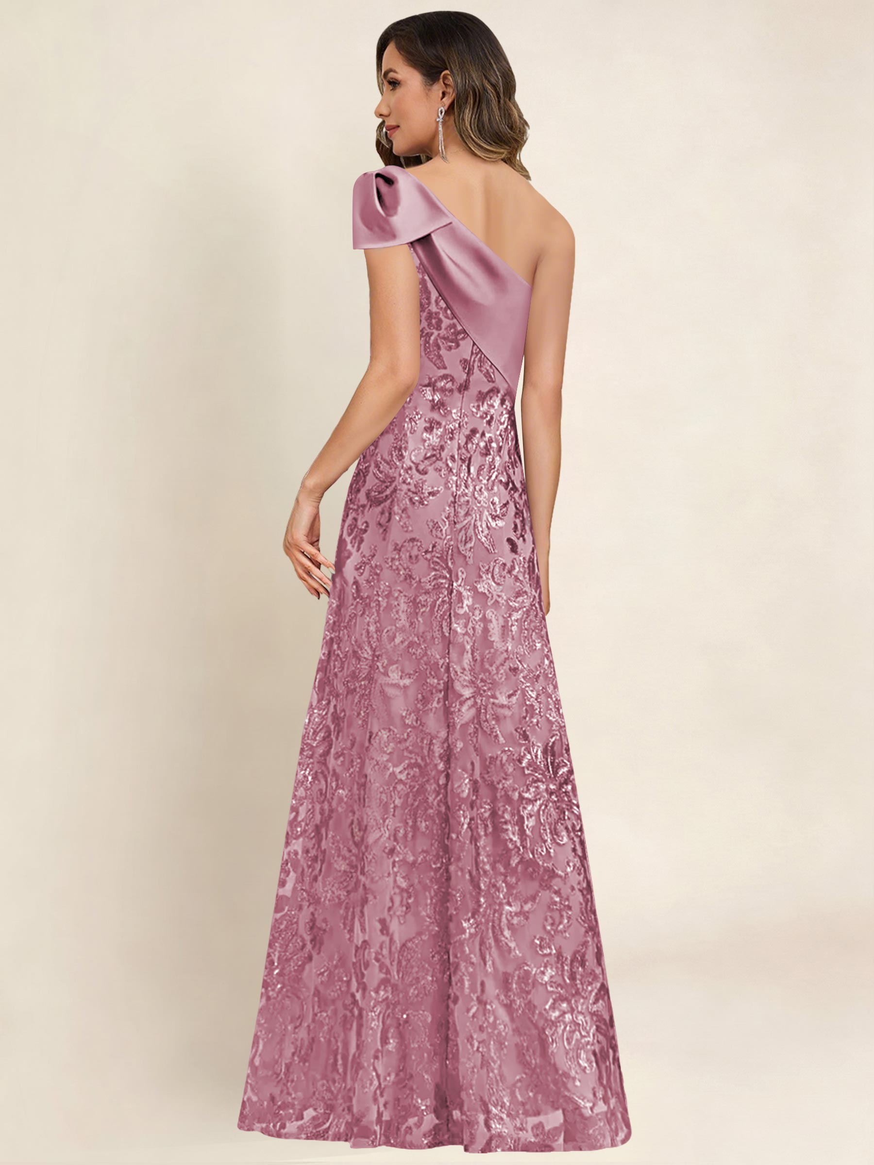 ROVDESY One Shoulder Sequin Mermaid Long Mother Of The Bride Dress Formal Gown With Bow